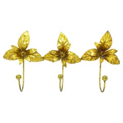 Three Italian Hollywood Regency Gilt Metal Flower Coat Wall Hook, Toleware Tole