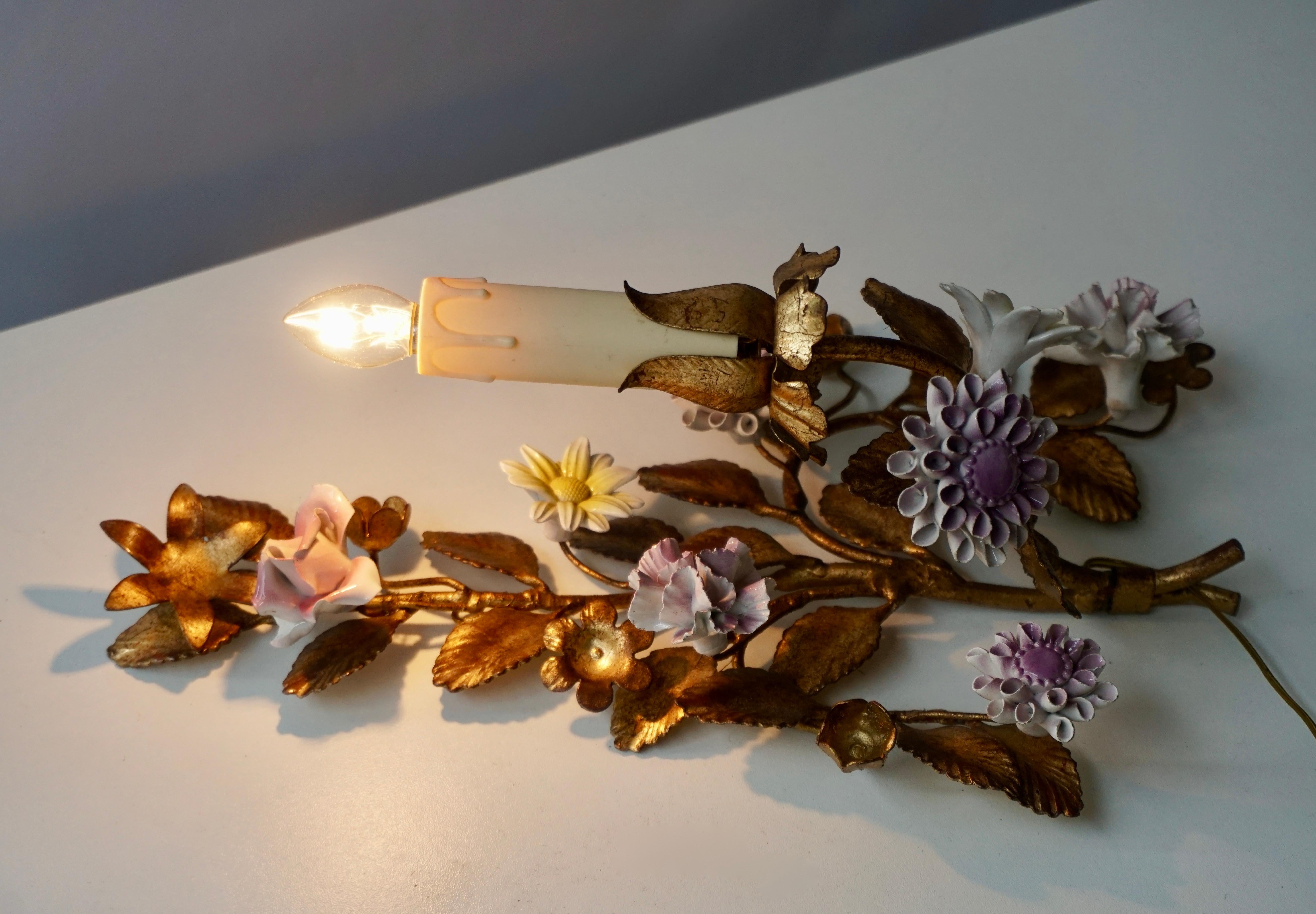Three Italian Metal Wall Sconces with Porcelain Flowers For Sale 1