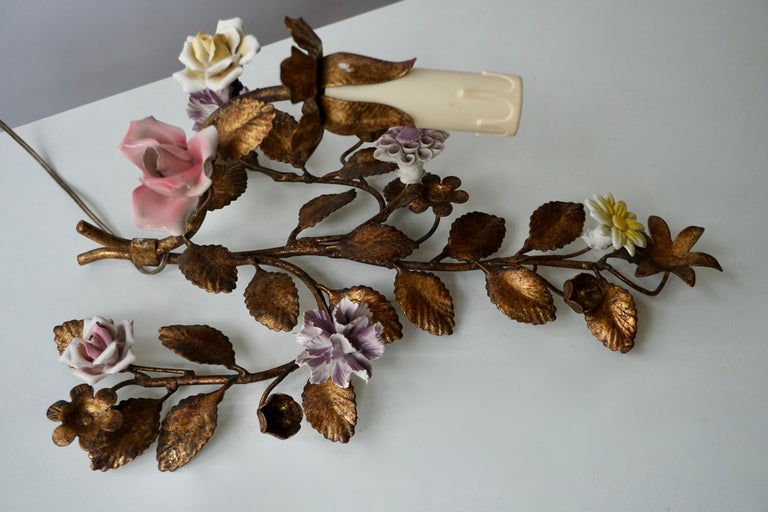 Brass Three Italian Metal Wall Sconces with Porcelain Flowers For Sale