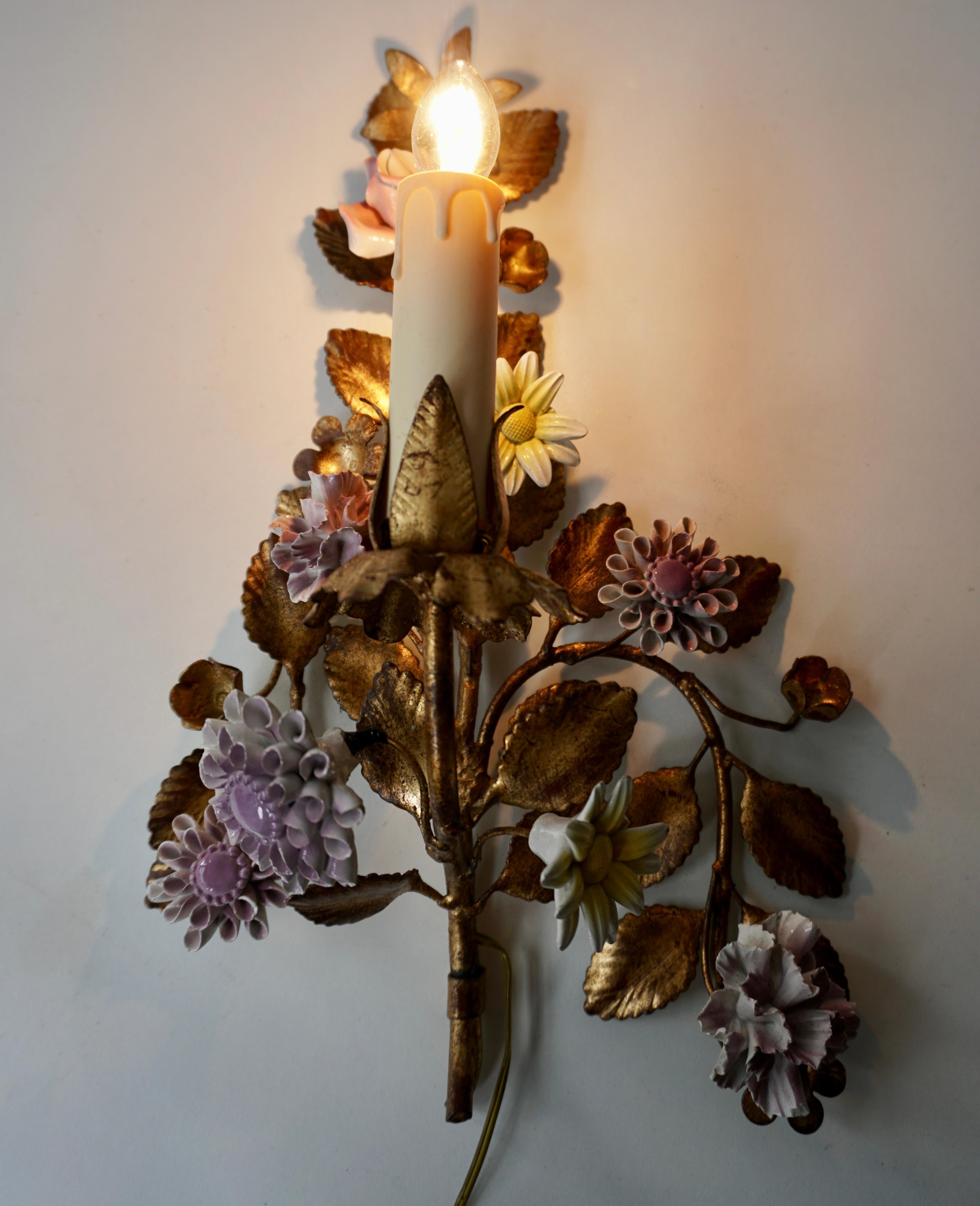 20th Century Three Italian Metal Wall Sconces with Porcelain Flowers For Sale