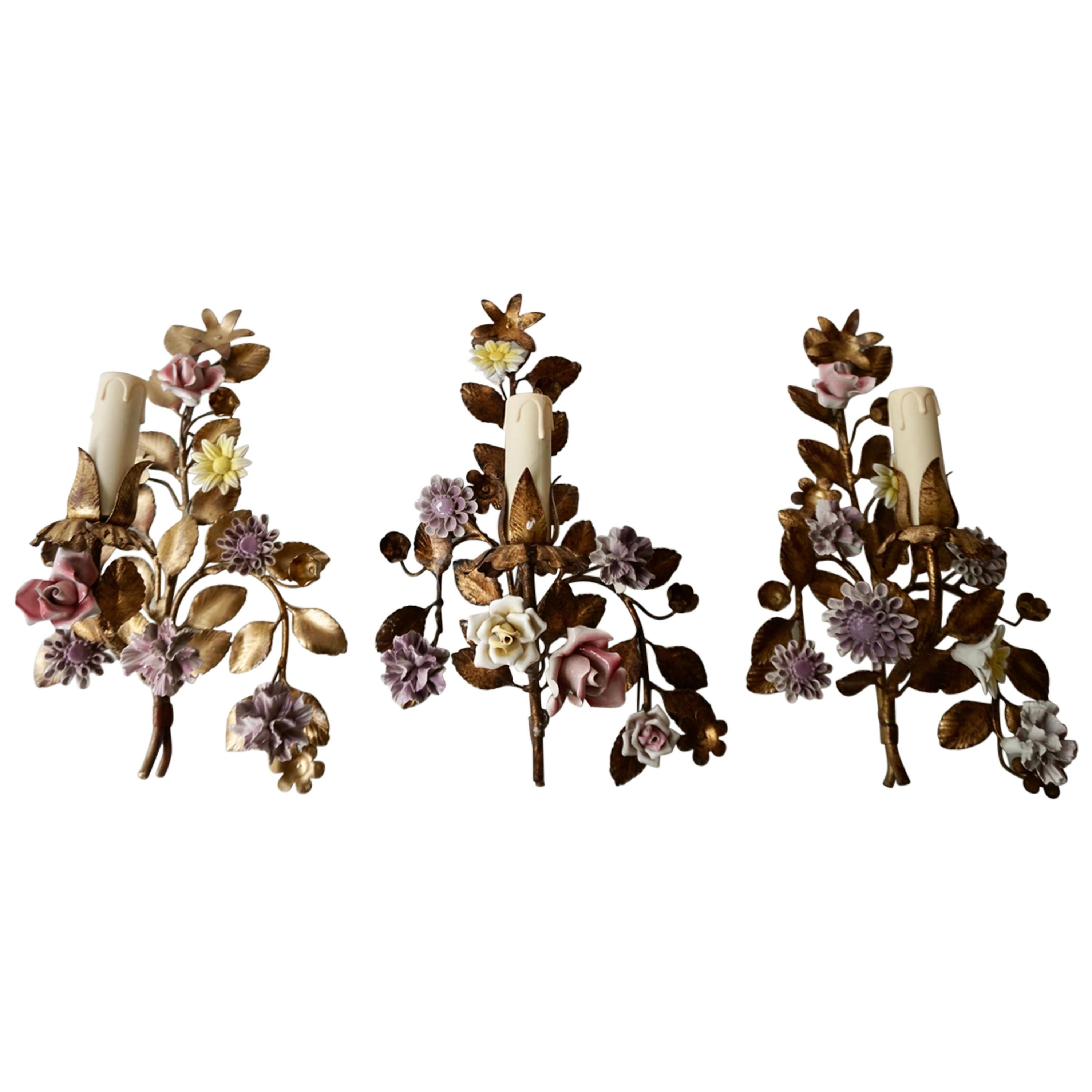 Three Italian Metal Wall Sconces with Porcelain Flowers