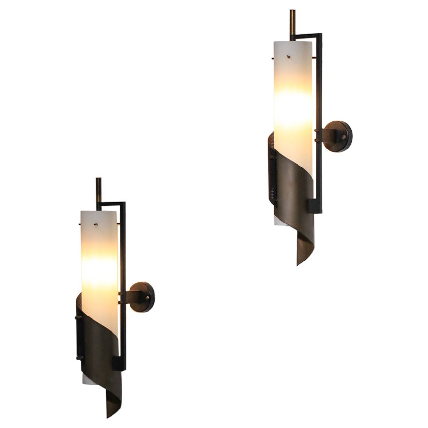 Three Italian sconces from the 60's tube opaline brass and rigitulle