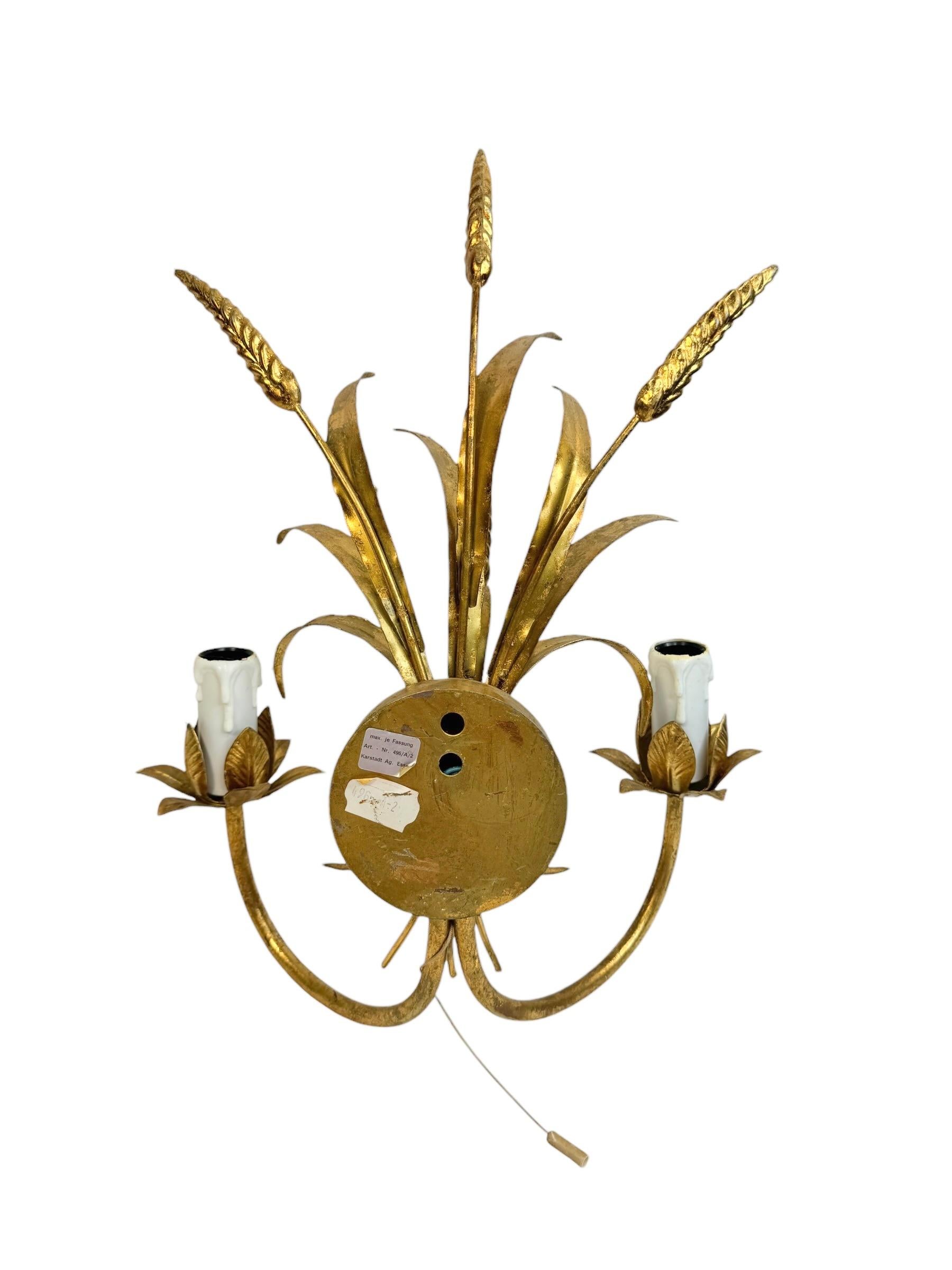 Three Italian Wheat Sheaf Two-Light Tole Sconces Gilded Metal, European, 1960s 5