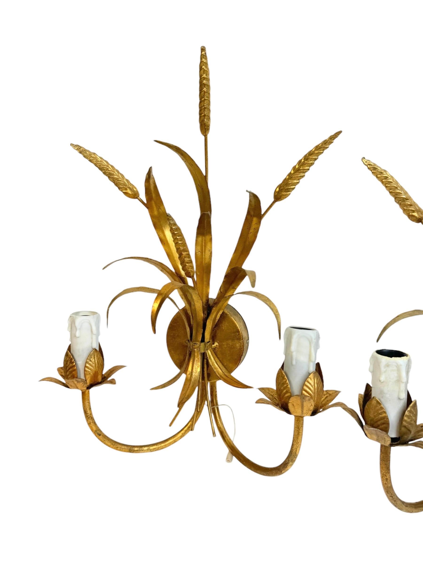 Three Italian Wheat Sheaf Two-Light Tole Sconces Gilded Metal, European, 1960s In Good Condition In Nuernberg, DE