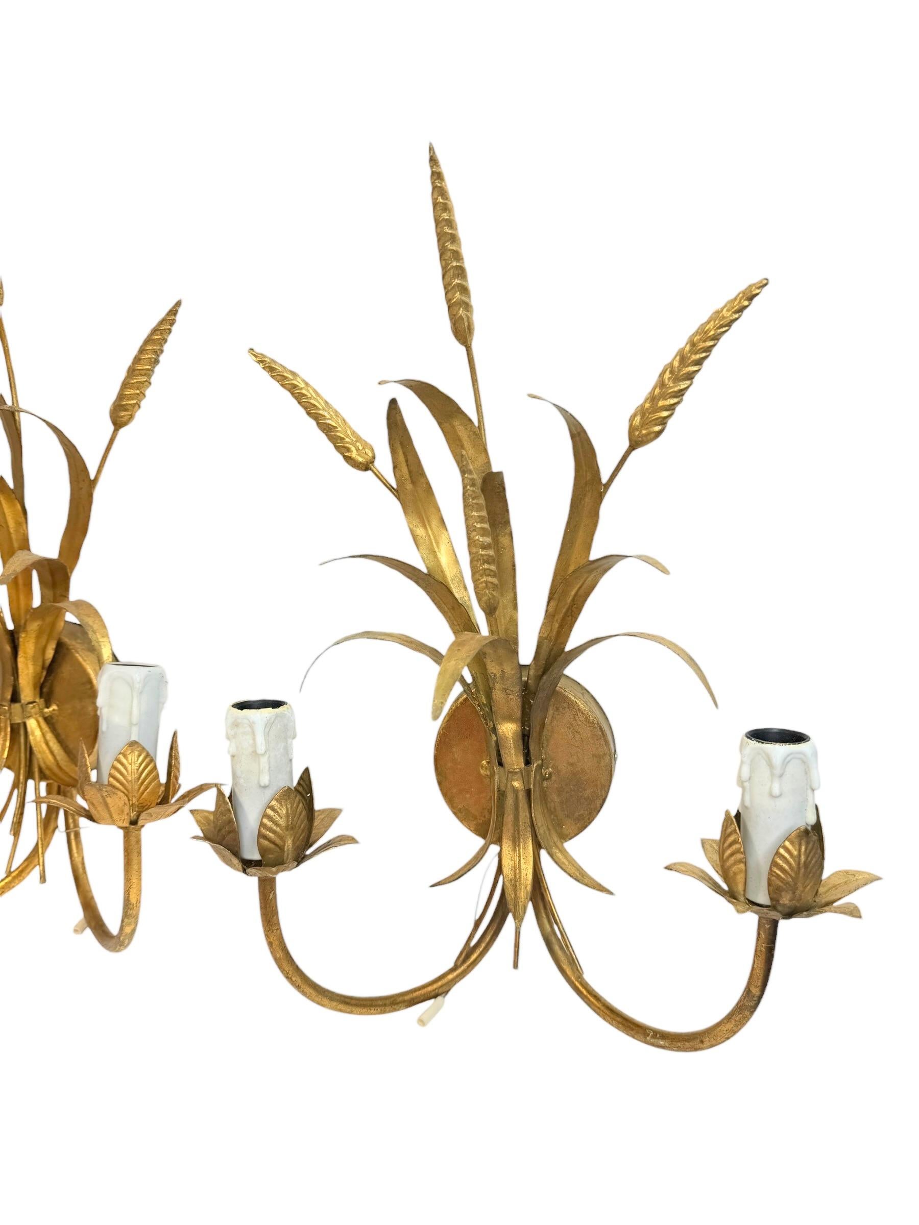 Three Italian Wheat Sheaf Two-Light Tole Sconces Gilded Metal, European, 1960s 1