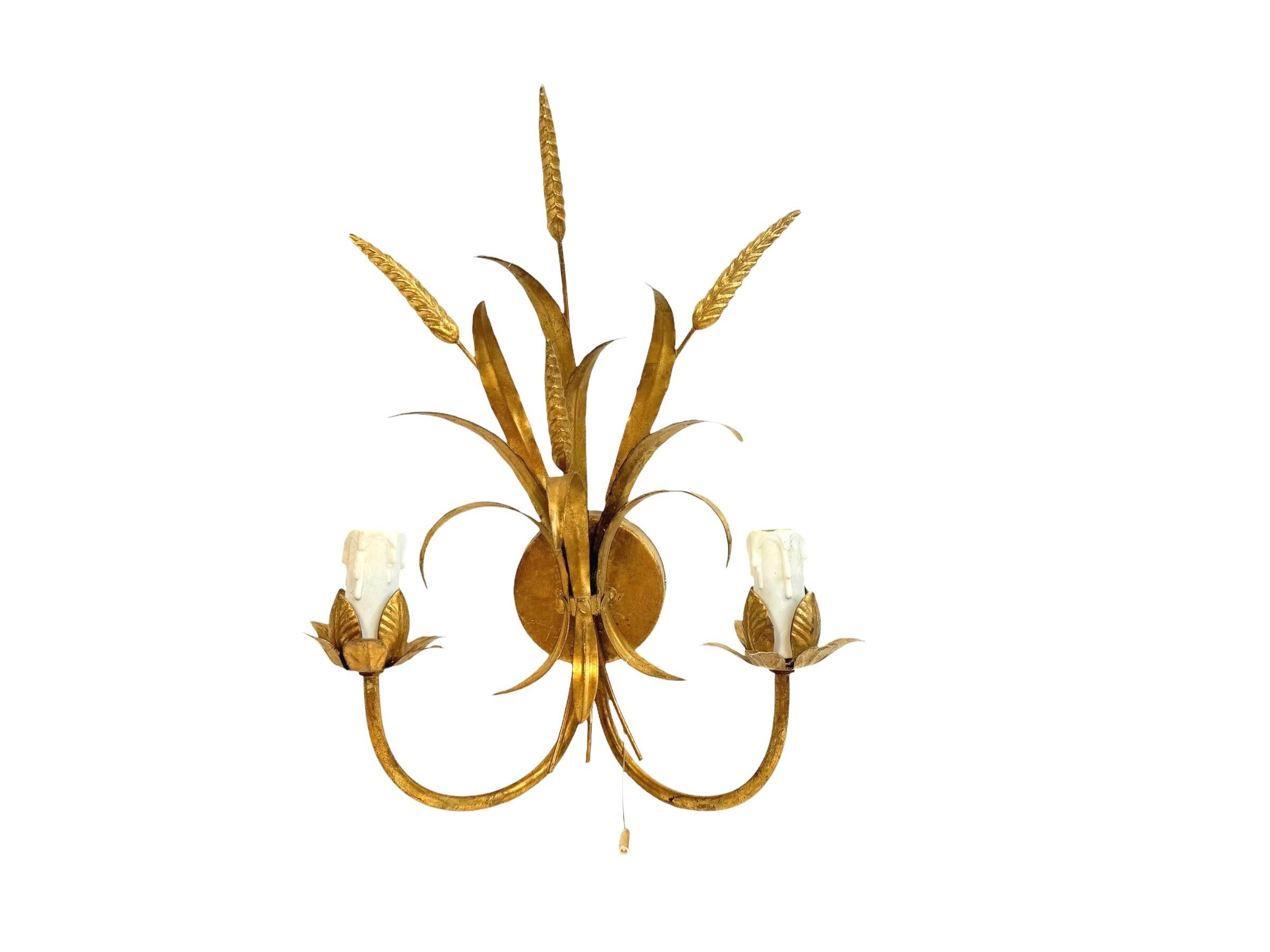 Three Italian Wheat Sheaf Two-Light Tole Sconces Gilded Metal, European, 1960s 2