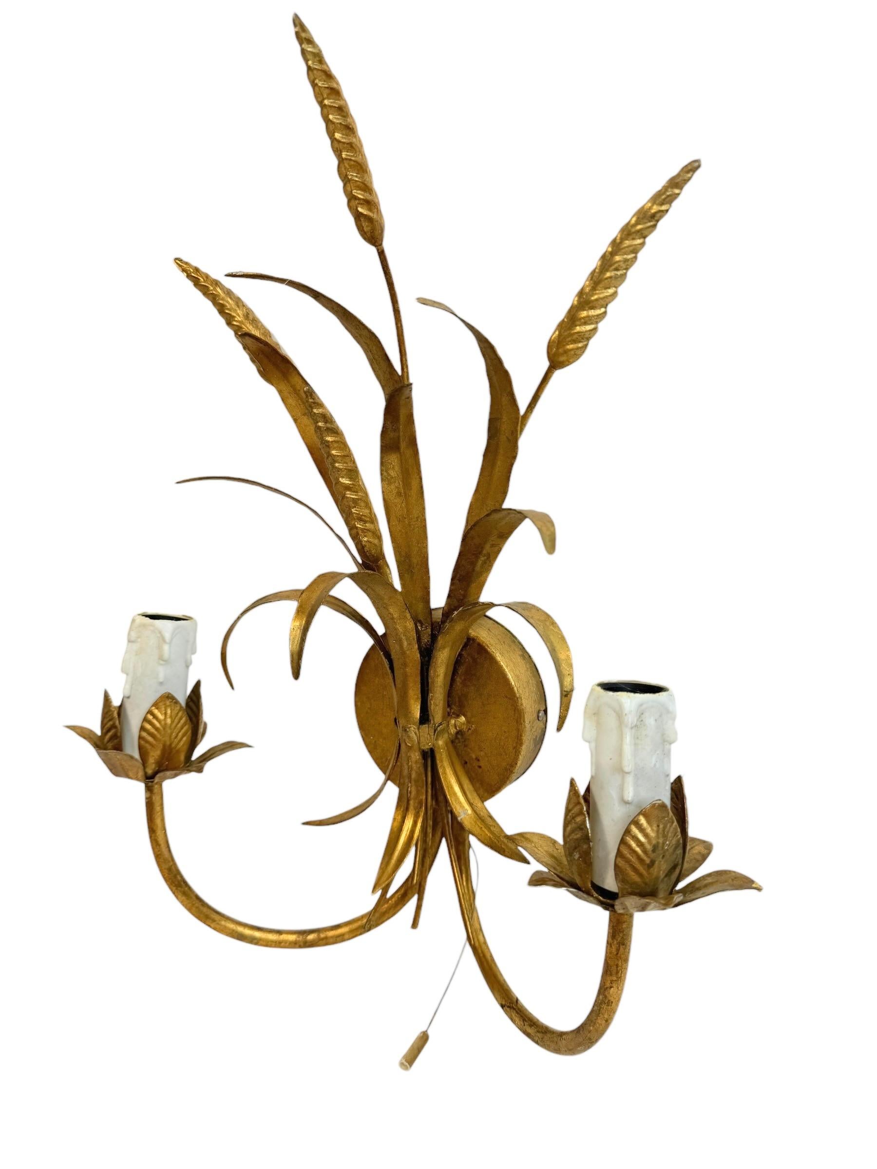Three Italian Wheat Sheaf Two-Light Tole Sconces Gilded Metal, European, 1960s 3