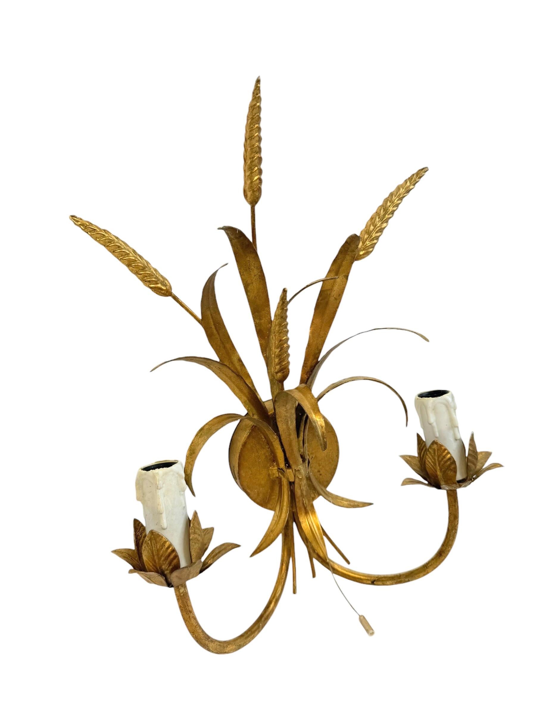 Three Italian Wheat Sheaf Two-Light Tole Sconces Gilded Metal, European, 1960s 4
