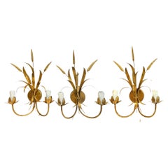 Three Italian Wheat Sheaf Two-Light Tole Sconces Gilded Metal, European, 1960s