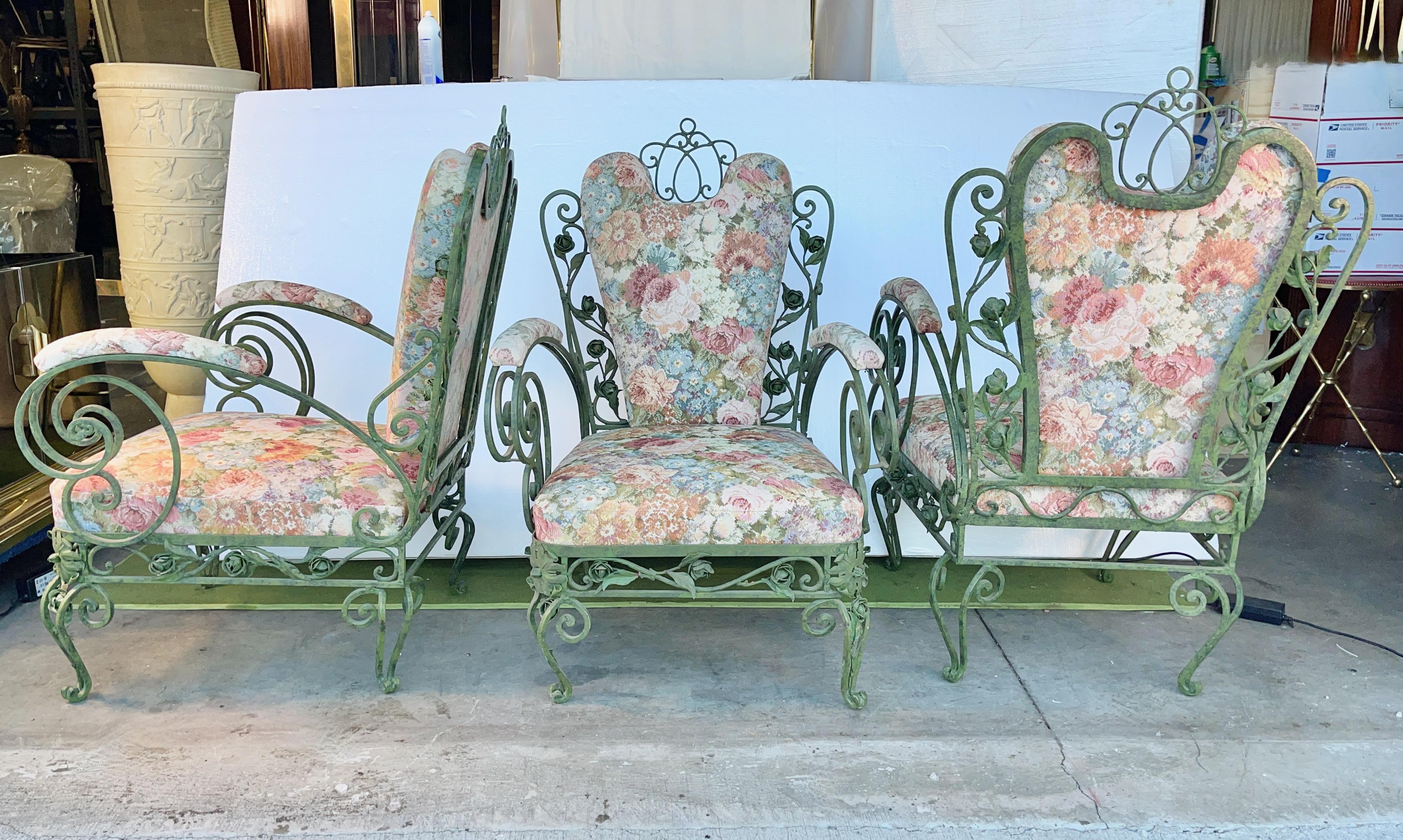 Enameled Three Italian Wrought Iron Garden Chairs circa 1940's For Sale