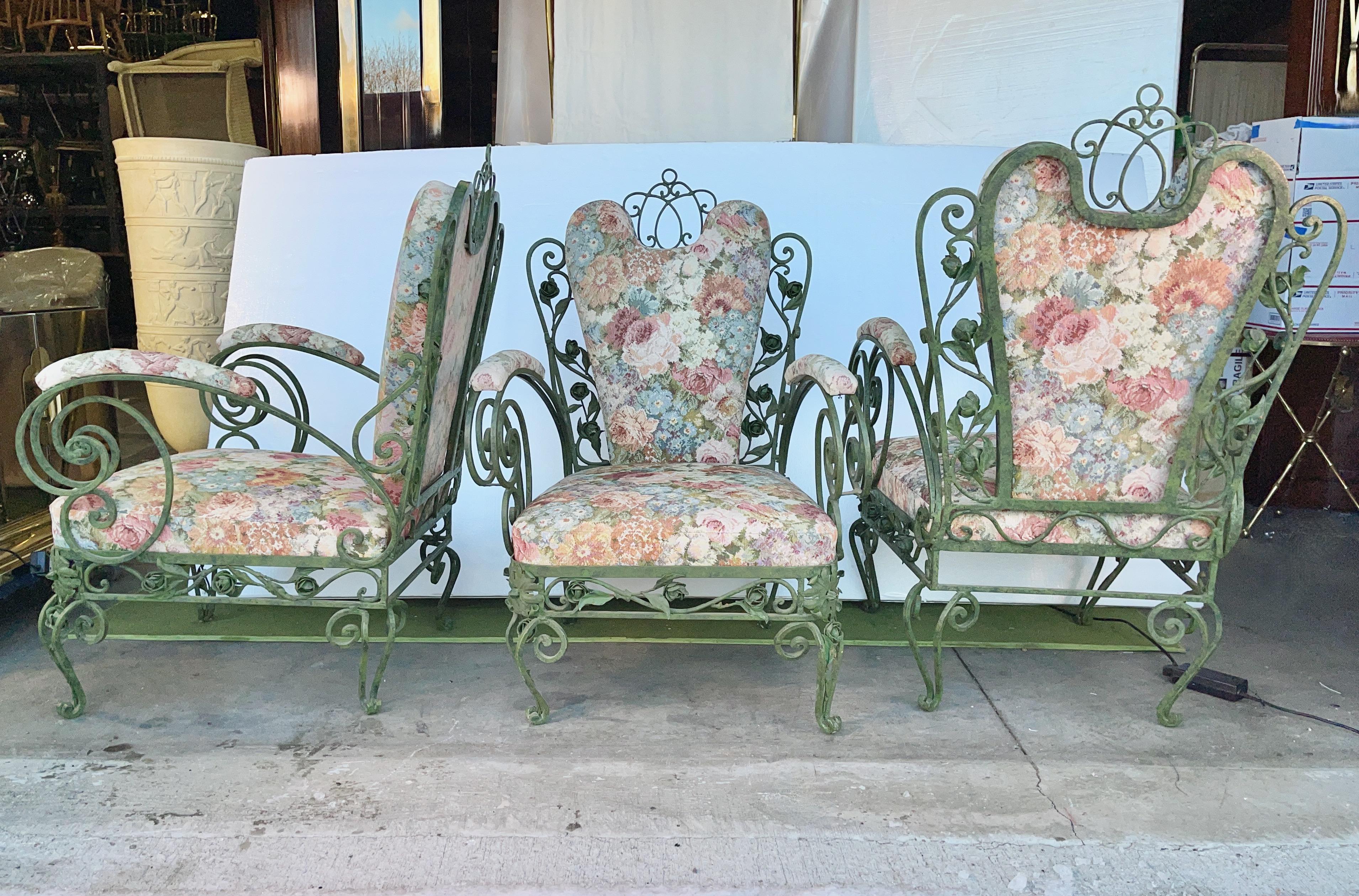 Three Italian Wrought Iron Garden Chairs circa 1940's In Good Condition For Sale In Hanover, MA
