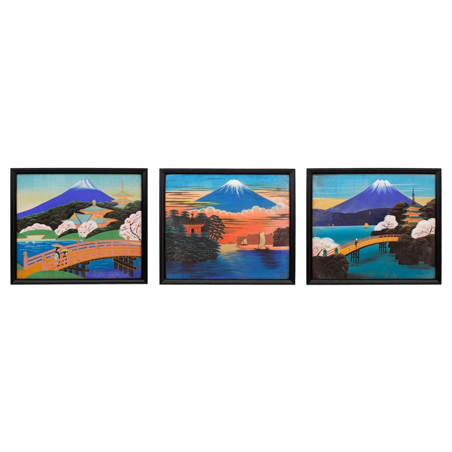 Three Japanese Paintings of Mount Fuji For Sale