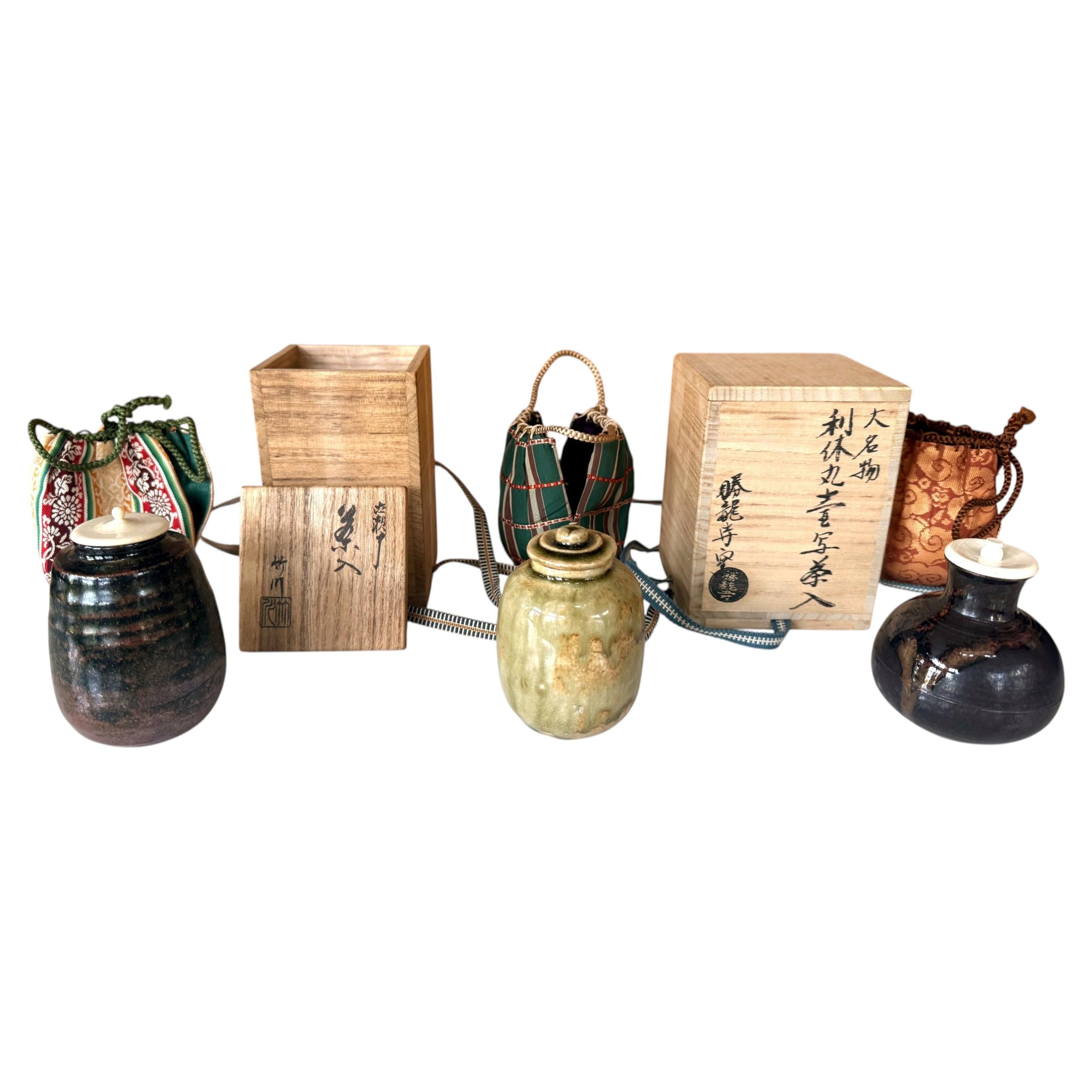Three Japanese Vintage Tea Caddies by Noted Potters with Shifuku and Tomobako