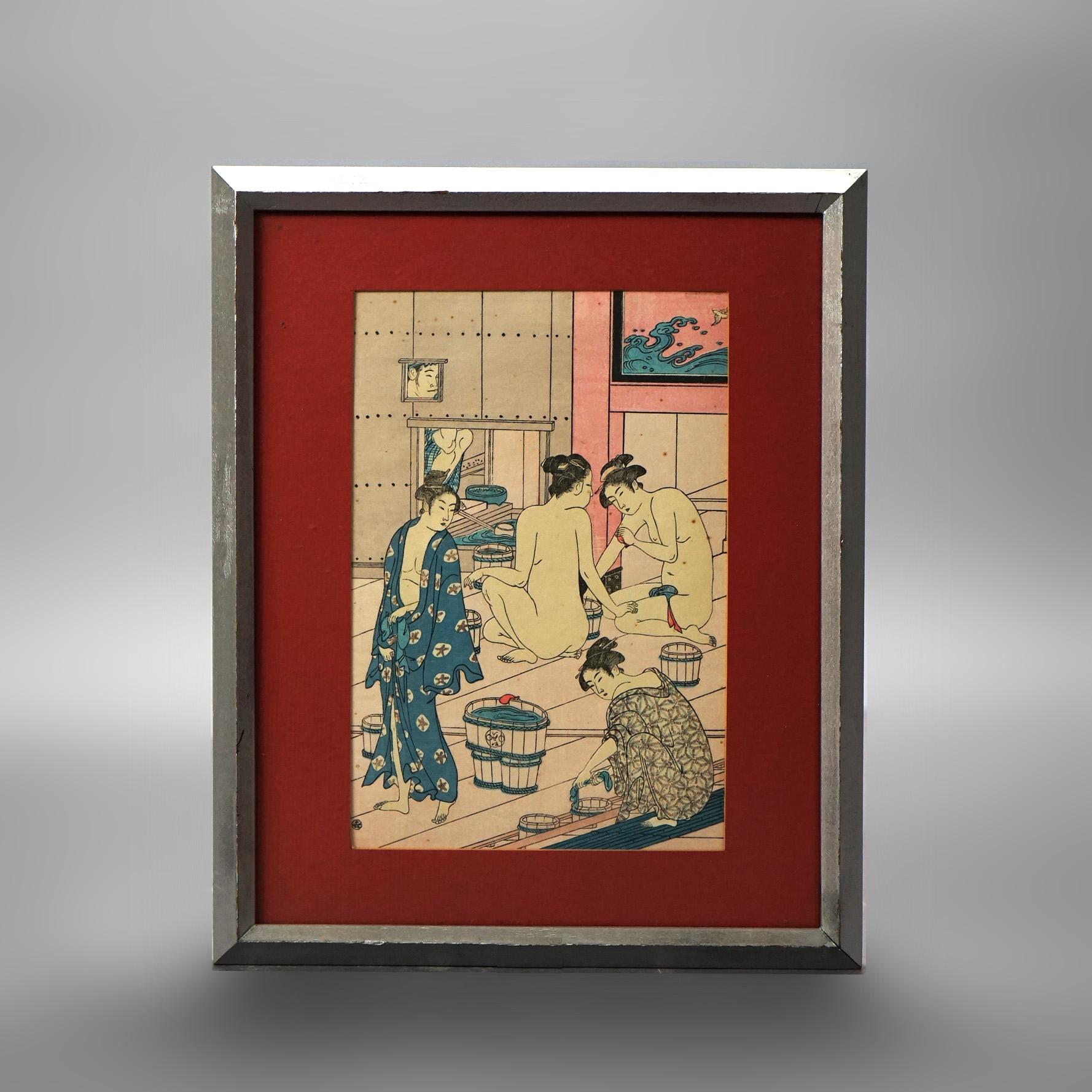 Three Japanese Woodblock Genre Prints by Torii Kiyonaga & Unknown Artist, Framed,  20thC

Measures- Green Tint: 14.25''H x 11.25''W x 1''D; Flute Scene: 17''H x 14''W x 1''D; Bath: 10.25''H x 8.75''W x 1''D