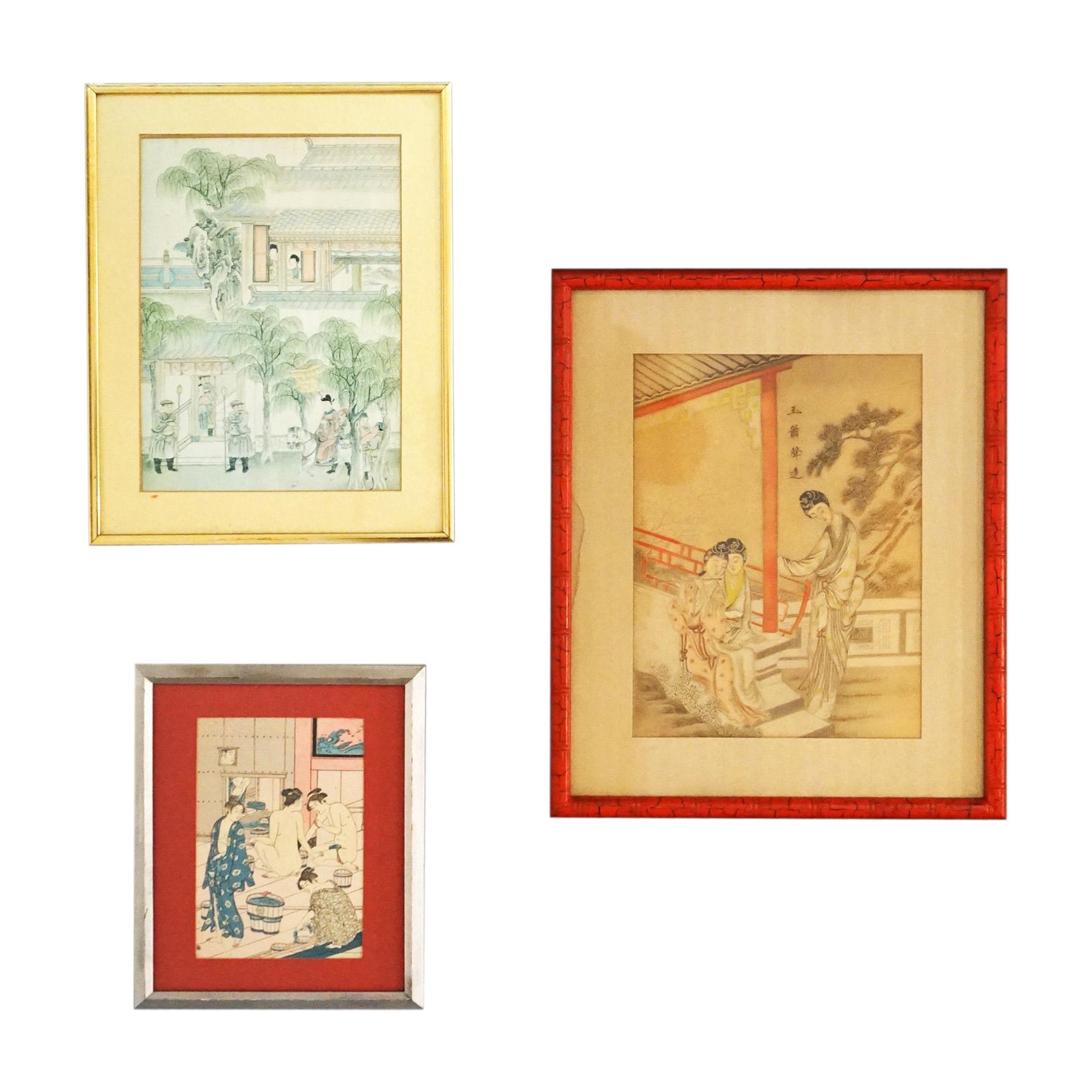 Trois estampes japonaises de genre à la planche de bois par Torii Kiyonaga & Artiste Inconnu 20ème siècle