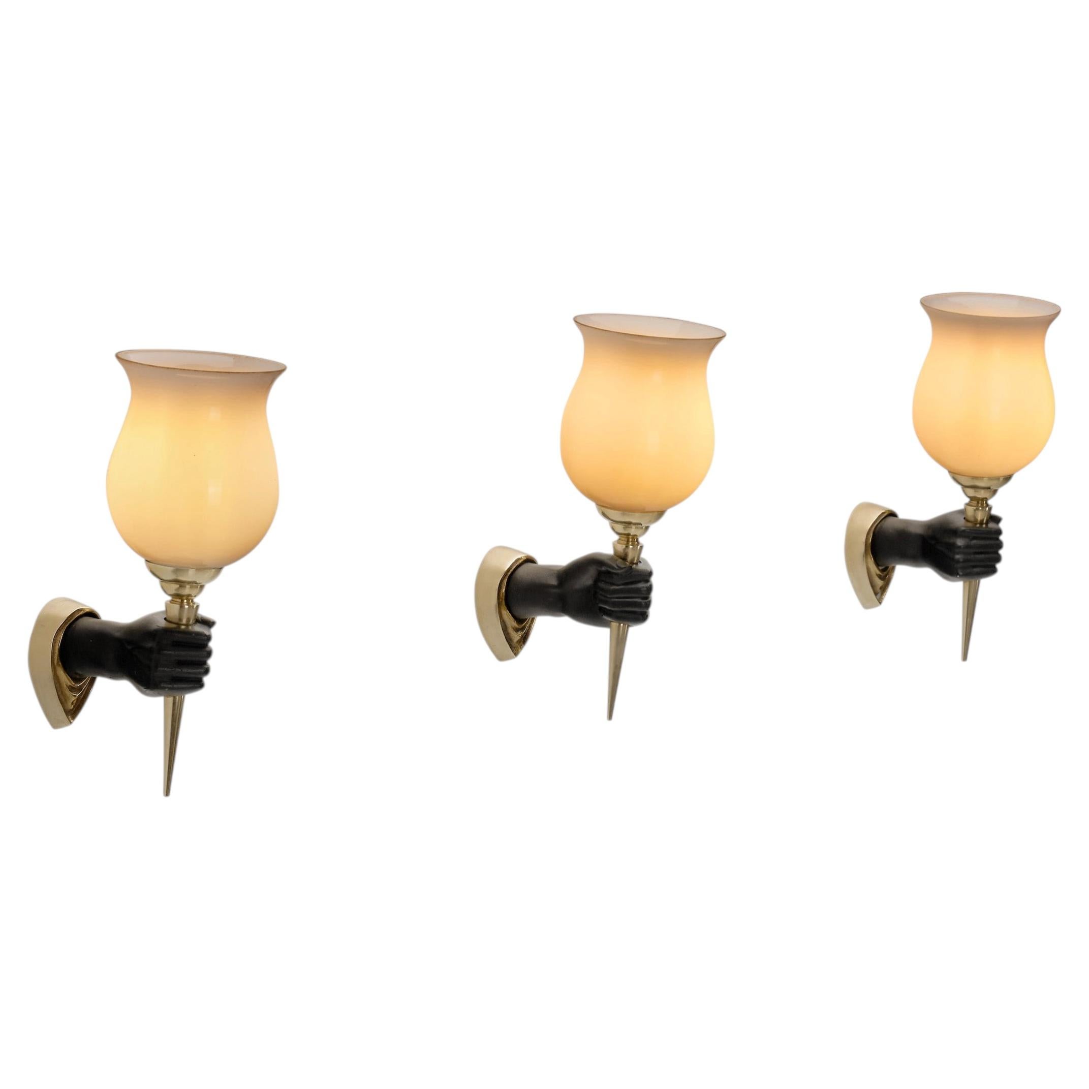 Three John Devoluy (Attr.) Brass Wall Lamps, Europe First half of the 20th C For Sale