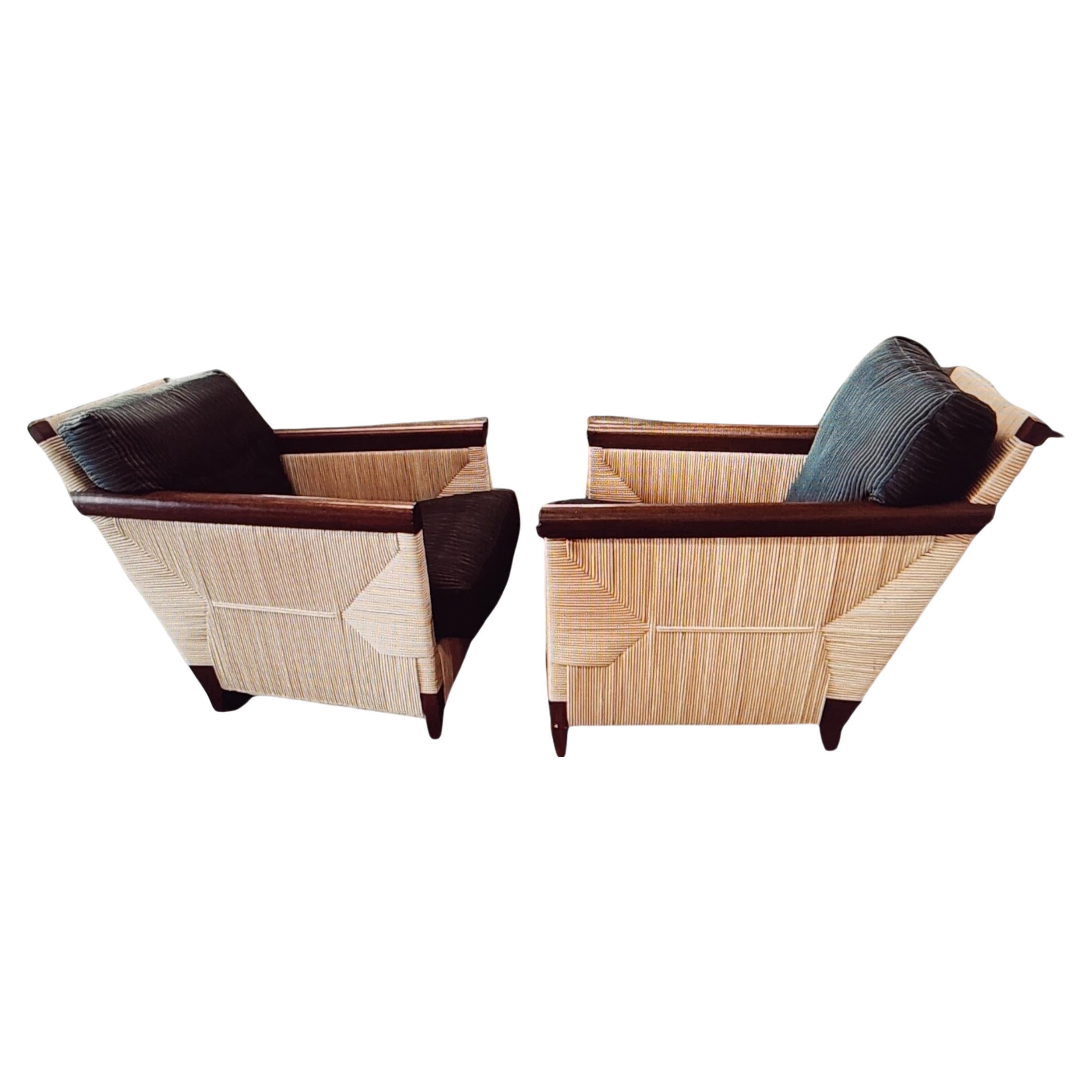 Mid-Century Modern Three John Hutton Rush Rattan Lounge Chairs Merbau Coastal Line Donghia 1995 For Sale