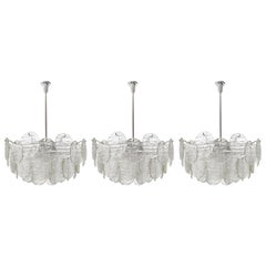 Three Kalmar Blatt Chandeliers, Textured Glass Nickel, 1970s