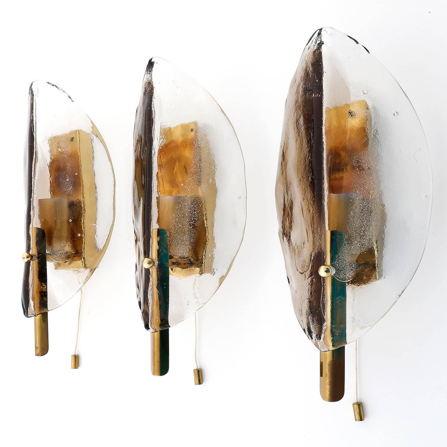 Three Kalmar Brass and Brown Murano Glass Sconces, 1960s 2