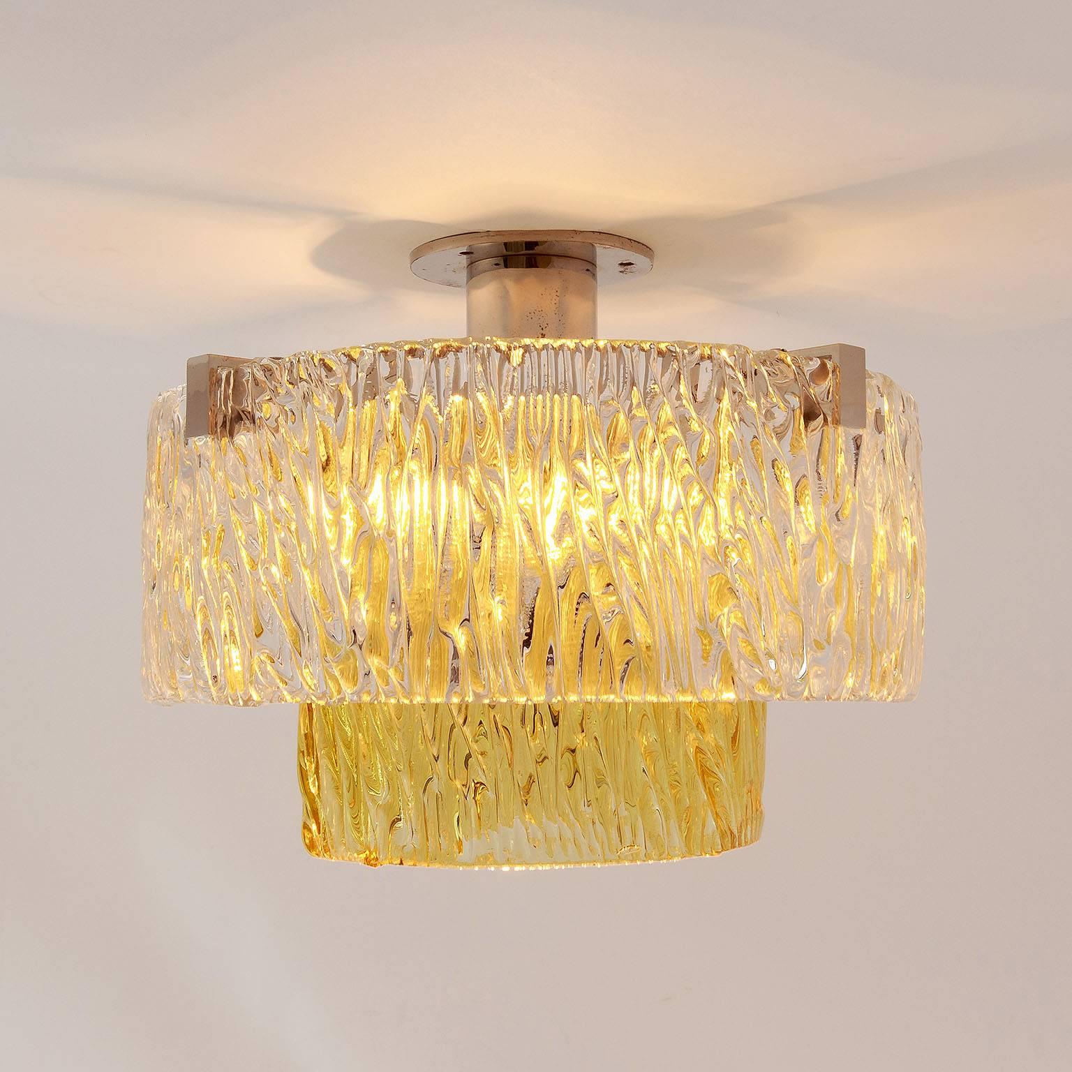 Mid-20th Century One of Two Kalmar Flush Mount Lights, Amber Tone Glass and Nickel, 1960s