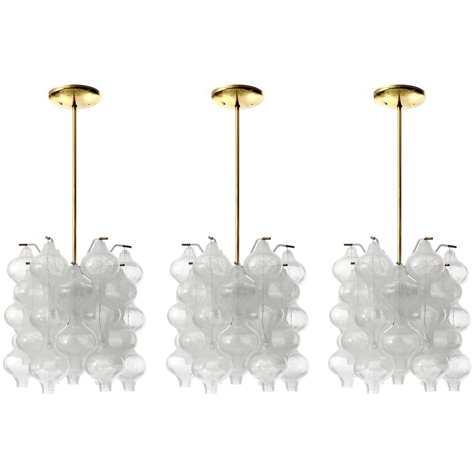 Three Kalmar 'Tulipan' Chandeliers Pendant Lights, Glass Brass, 1970