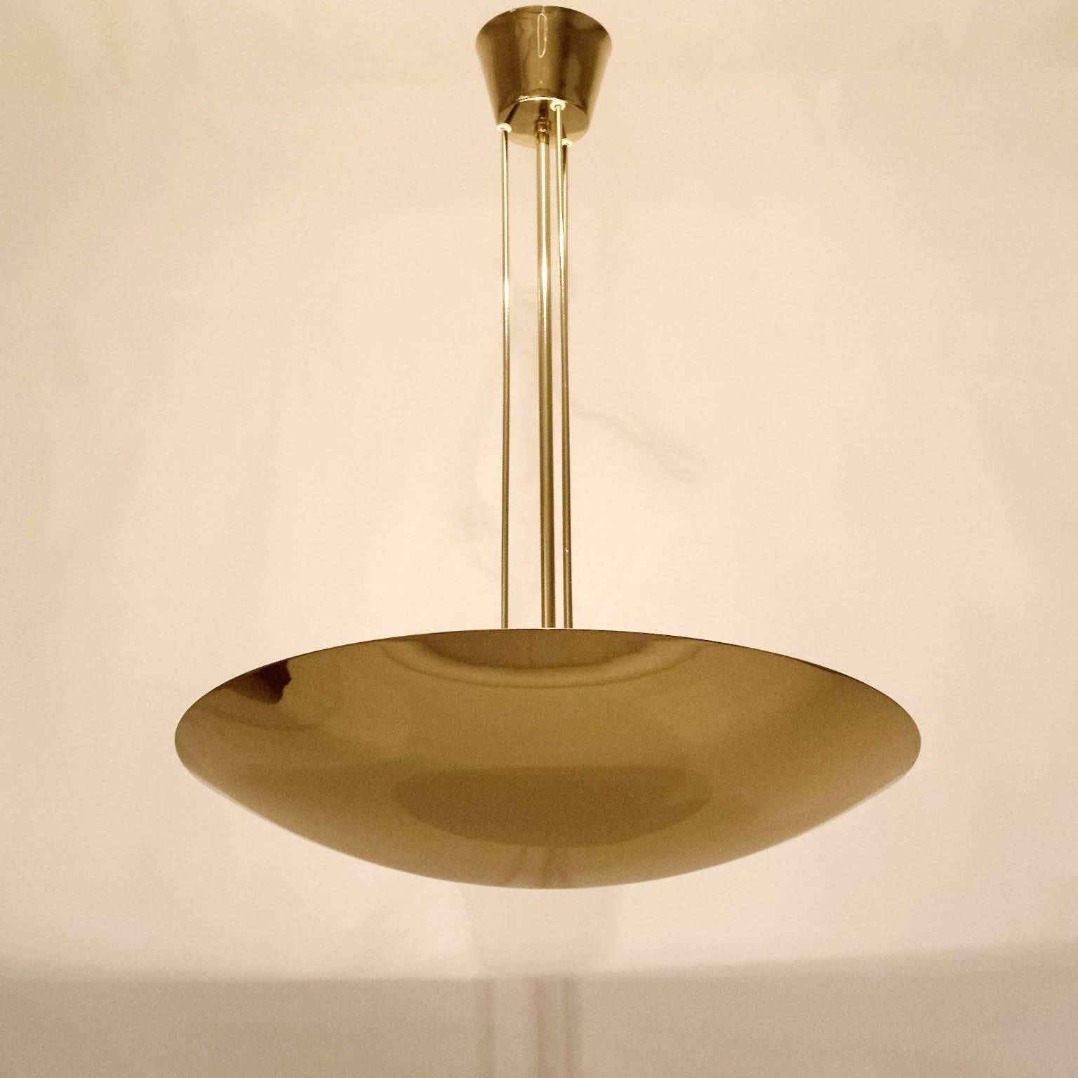 Austrian Three Kalmar Uplight Bowl Chandeliers Pendant Lights, Polished Brass, 1970