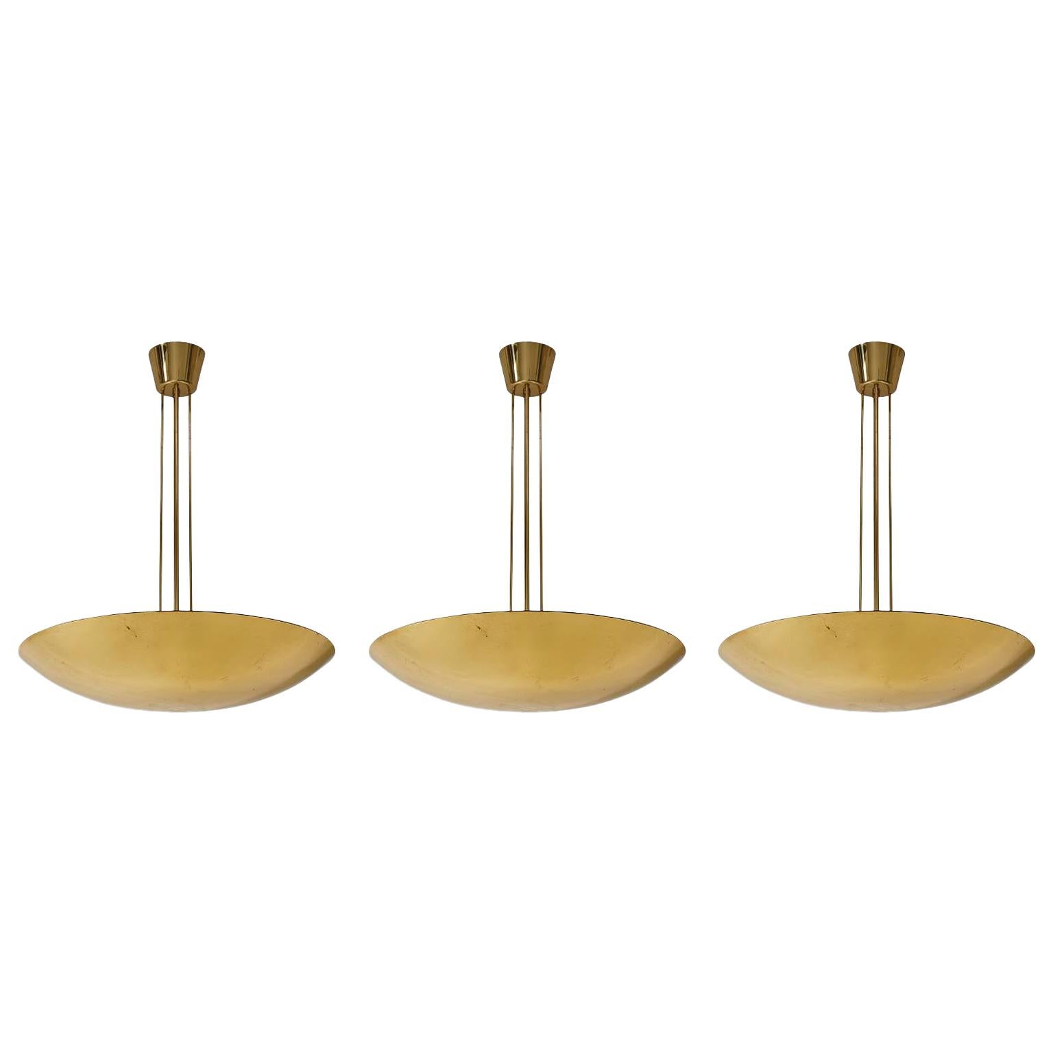 Three Kalmar Uplight Bowl Chandeliers Pendant Lights, Polished Brass, 1970