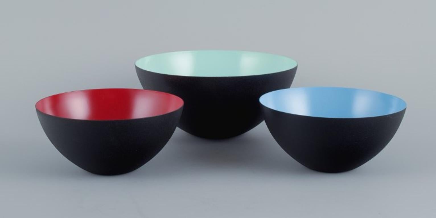 Three Krenit bowls in metal.
Blue, red and mint green.
2000s.
Designed by Hermann Krenchel in 1950s.
In perfect condition.
Signed 