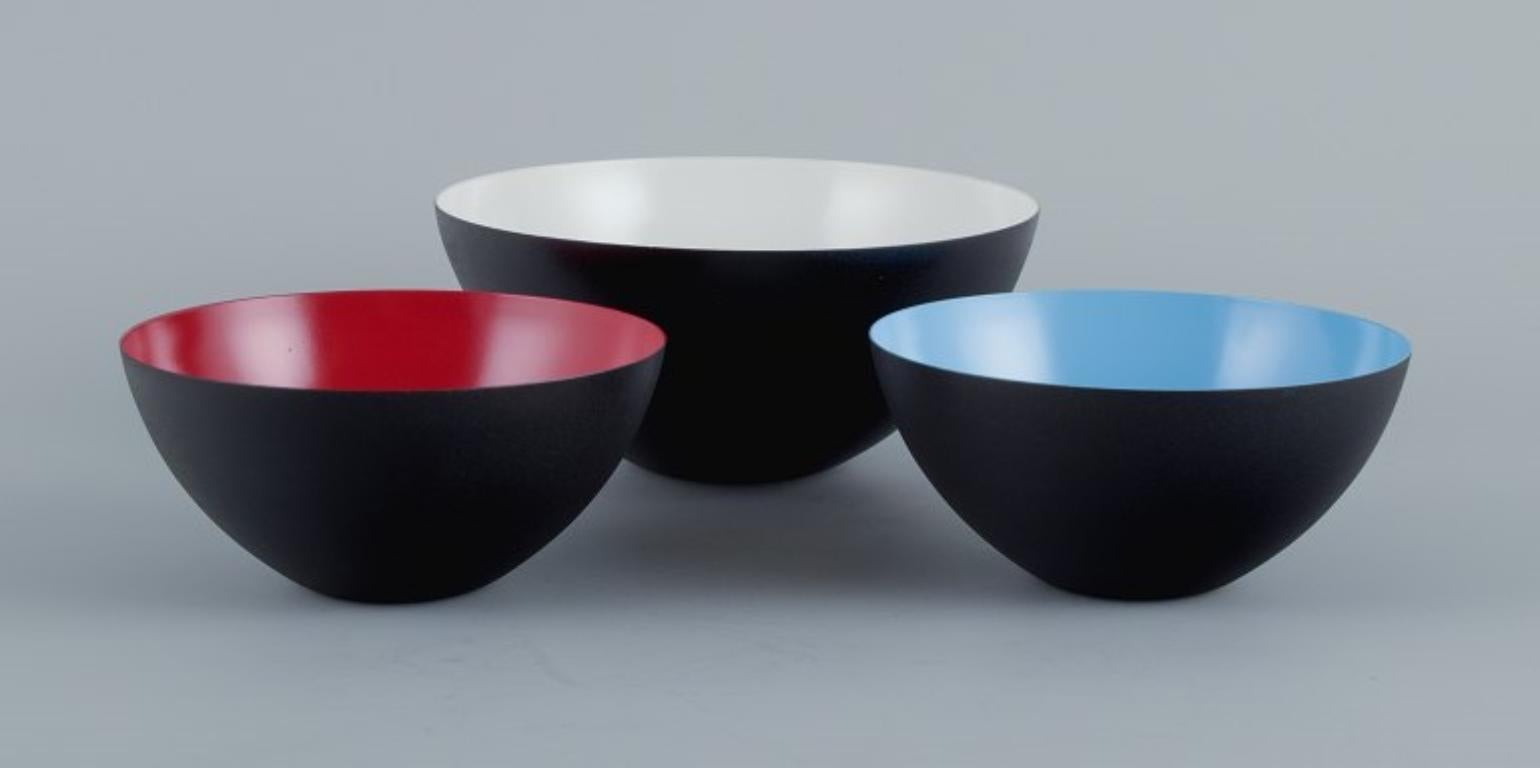 Three Krenit bowls in metal.
Blue, red and white.
2000s.
Designed by Hermann Krenchel in 1950s.
In perfect condition.
Signed 