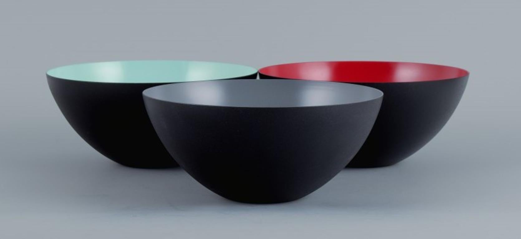 Scandinavian Modern Three Krenit Bowls in Metal, Grey, Red, Mint Green, Design by Hermann Krenchel For Sale