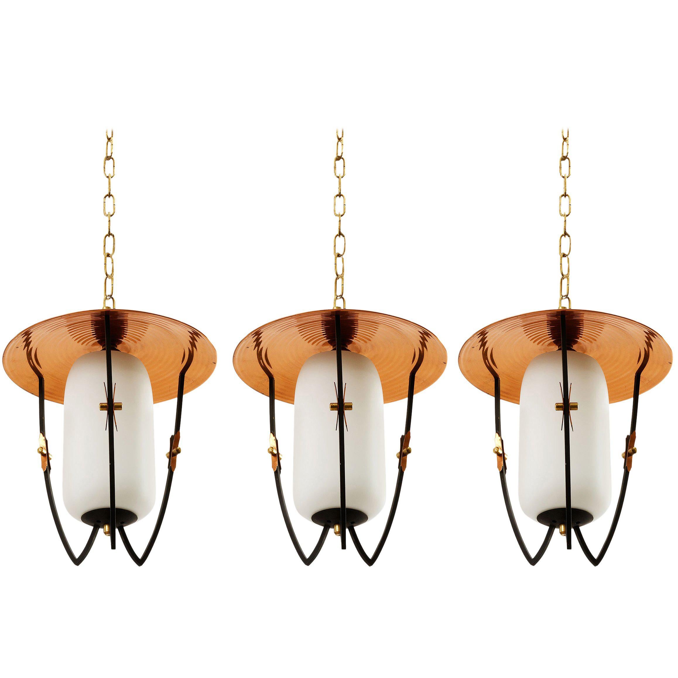 Three Lantern Pendant Lights, Brass Copper Opal Glass, Rupert Nikoll, 1960
