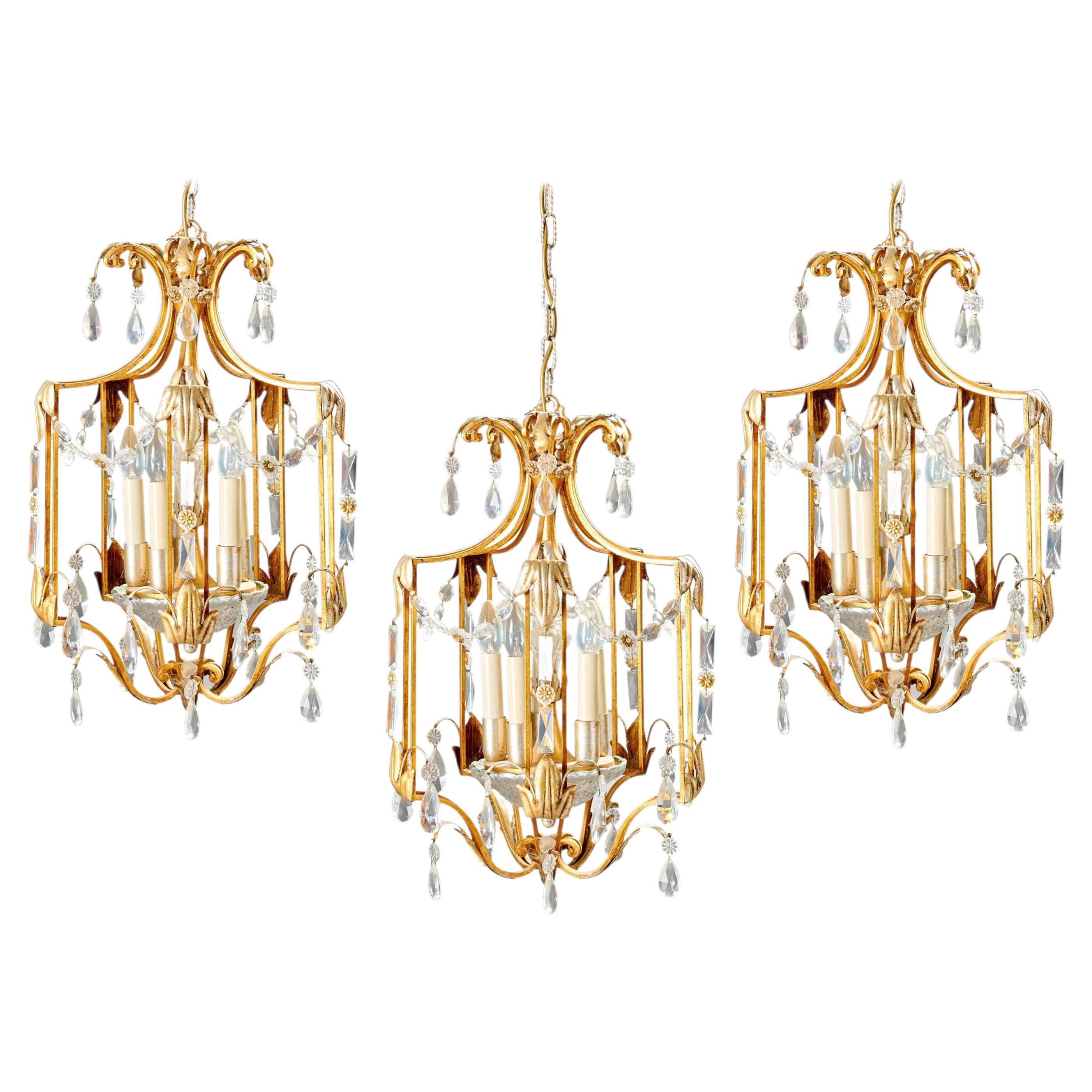 Three Large and Elegant Lanterns in Gold and Silver Metal with Crystals For Sale