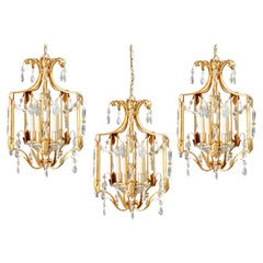 Three Large and Elegant Lanterns in Gold and Silver Metal with Crystals