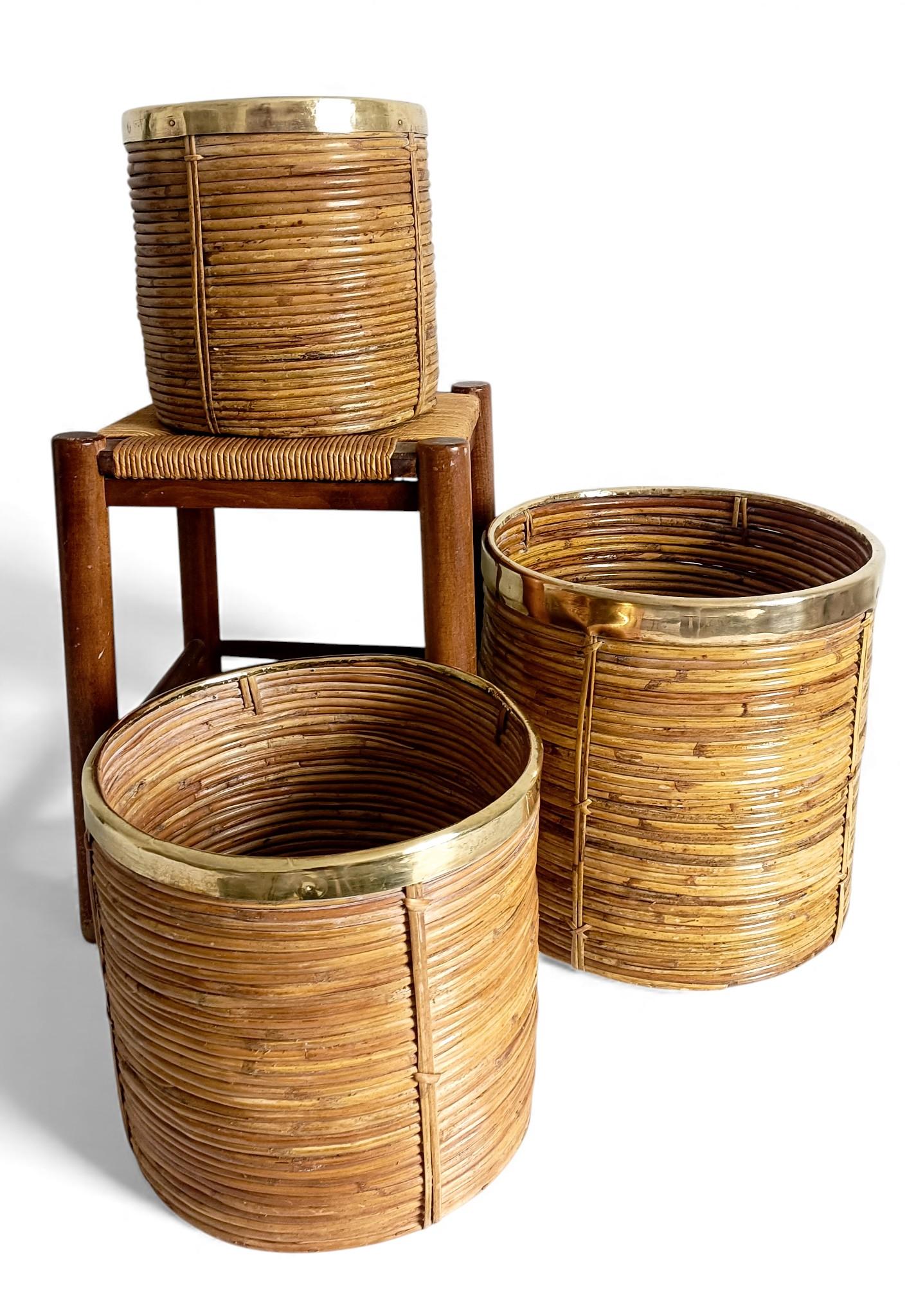 Three Large and XL Rattan / Pencil Reed Planters with Brass Rim, Italy, 1960s For Sale 5