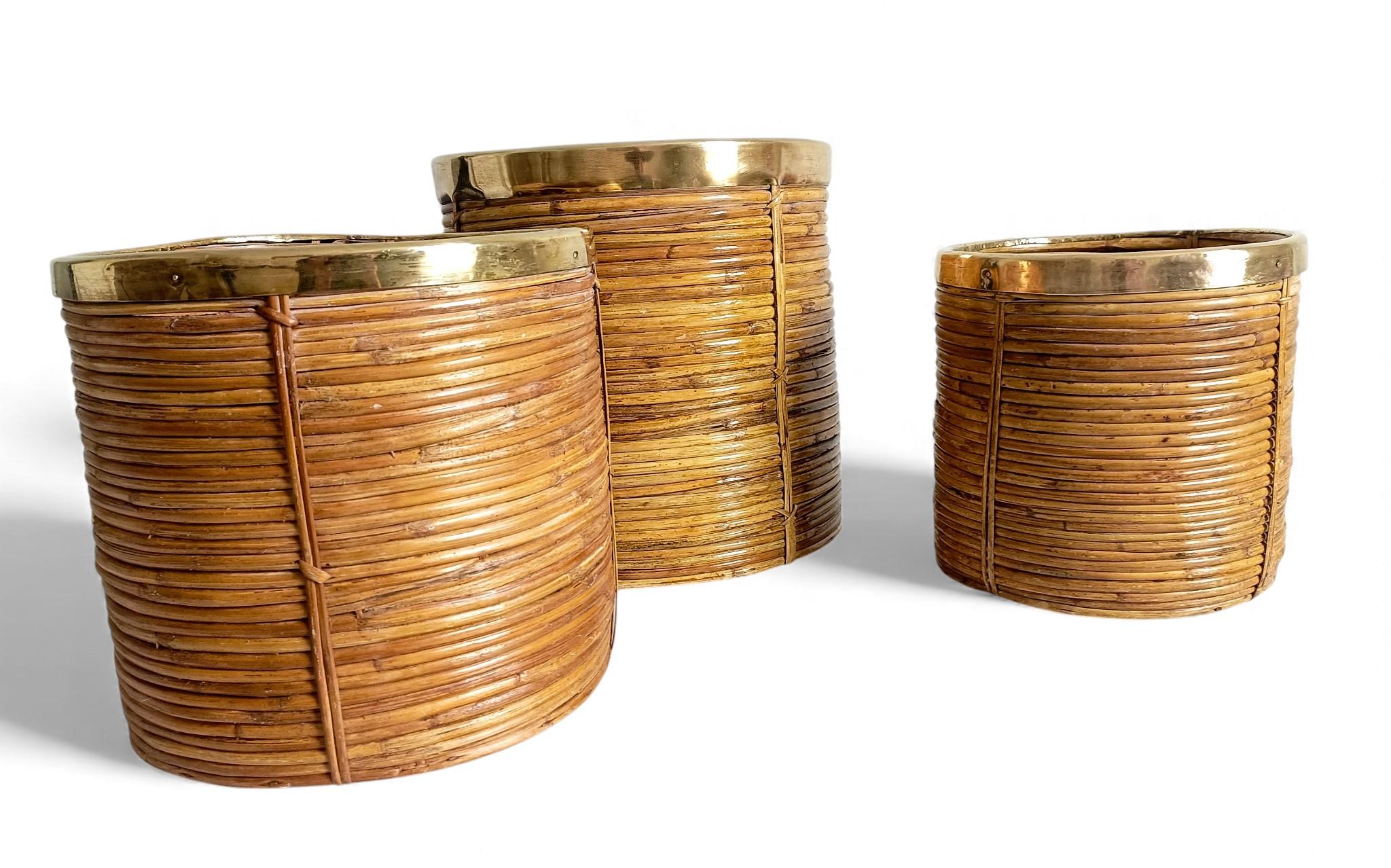 Three Large and XL Rattan / Pencil Reed Planters with Brass Rim, Italy, 1960s For Sale 7