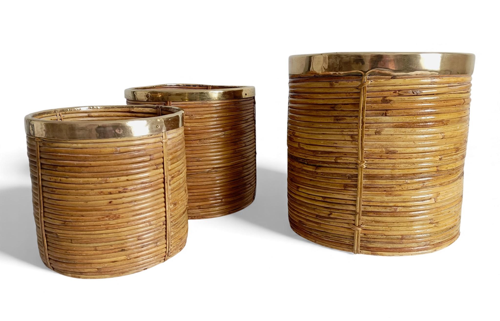 Three Large and XL Rattan / Pencil Reed Planters with Brass Rim, Italy, 1960s For Sale 9