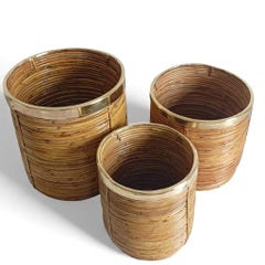Set of Three Rattan Planters with Brass Rim, Handmade in Italy, 1960s