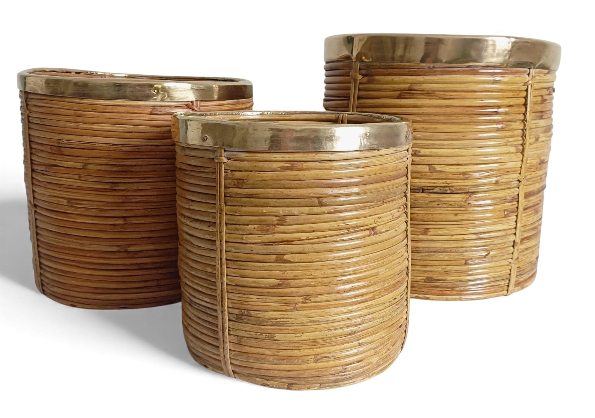 Mid-Century Modern Three Large and XL Rattan / Pencil Reed Planters with Brass Rim, Italy, 1960s For Sale