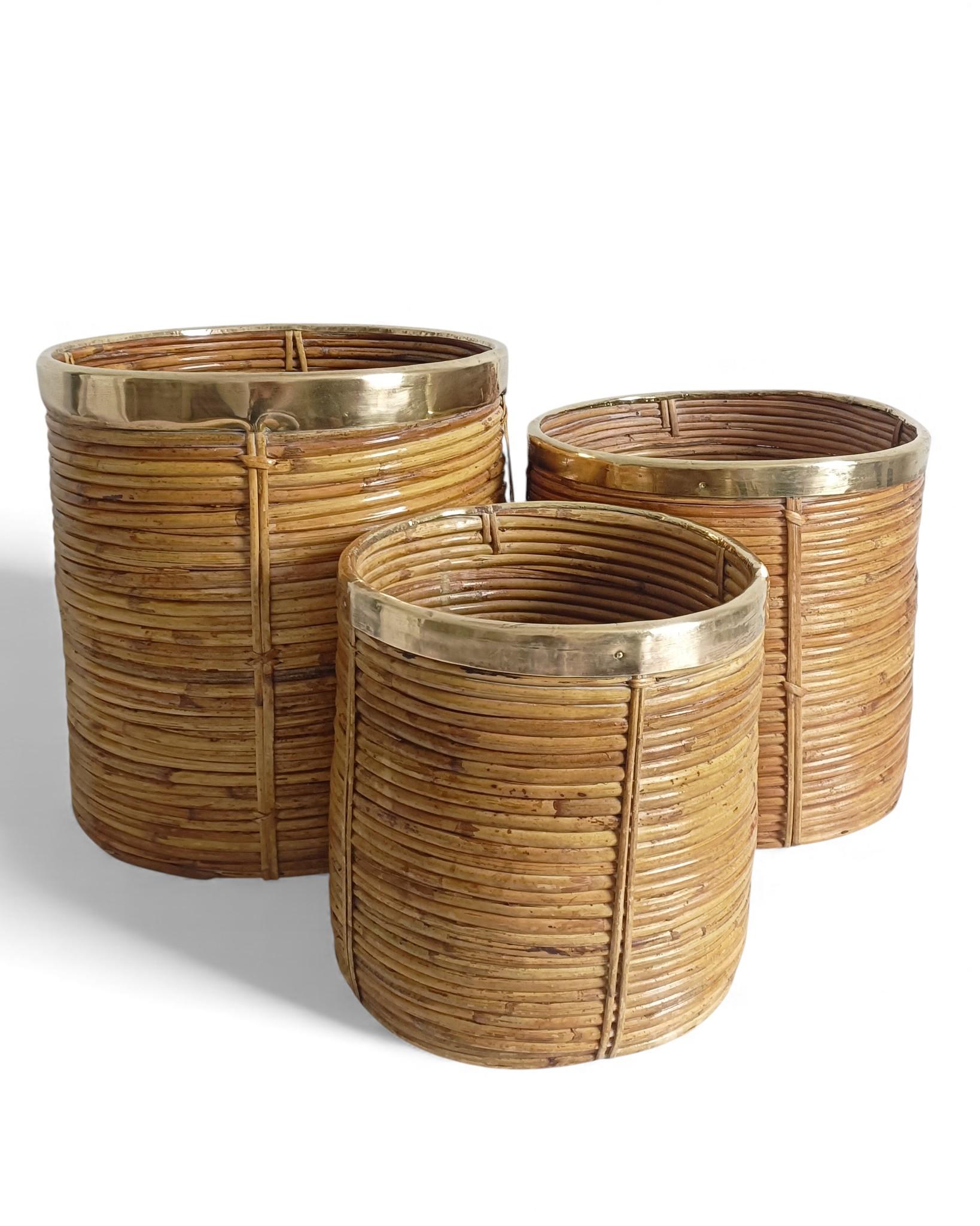Italian Three Large and XL Rattan / Pencil Reed Planters with Brass Rim, Italy, 1960s For Sale