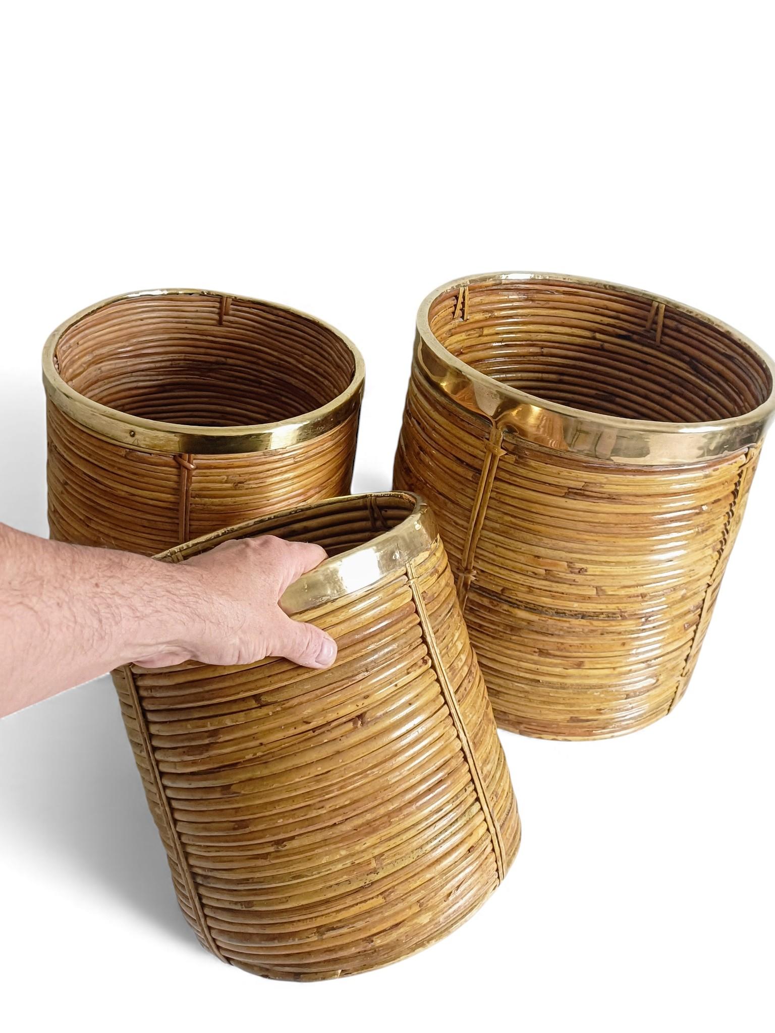 Three Large and XL Rattan / Pencil Reed Planters with Brass Rim, Italy, 1960s In Excellent Condition For Sale In Valencia, VC