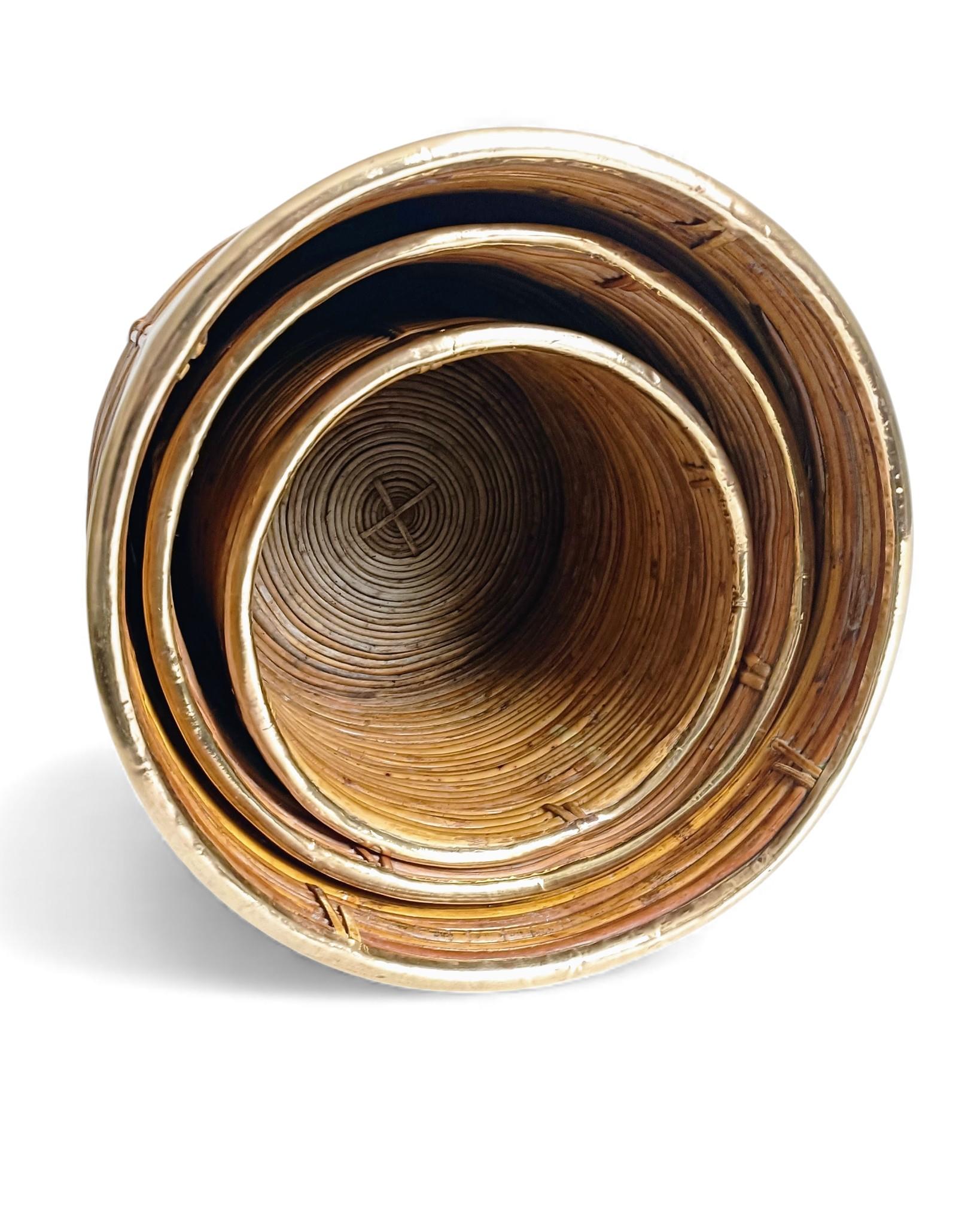 Mid-20th Century Three Large and XL Rattan / Pencil Reed Planters with Brass Rim, Italy, 1960s For Sale