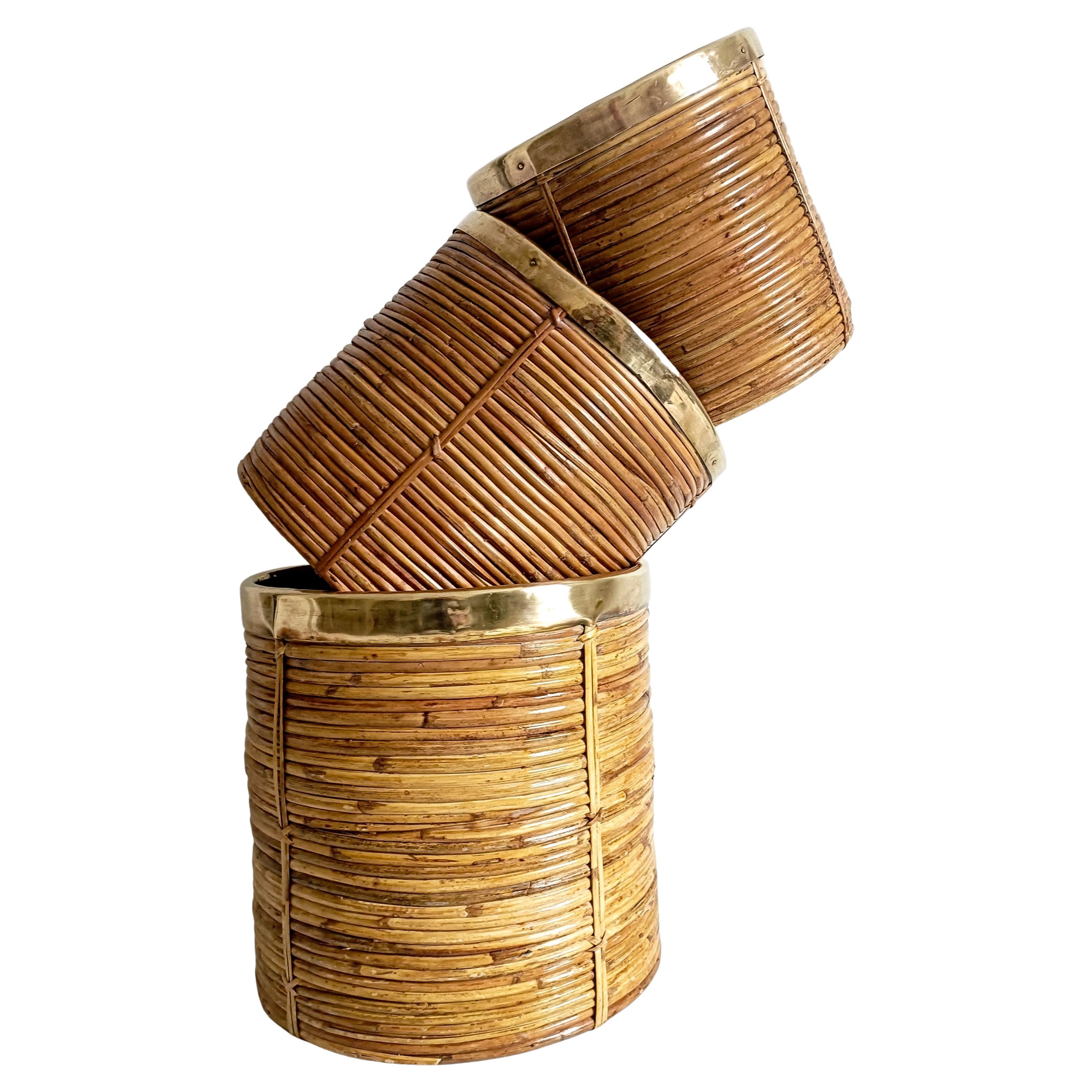 Three Large and XL Rattan / Pencil Reed Planters with Brass Rim, Italy, 1960s For Sale