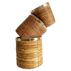 Three Large and XL Rattan / Pencil Reed Planters with Brass Rim, Italy, 1960s