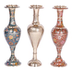 Three Large Anglo-Indian Brass and Enamel Urns
