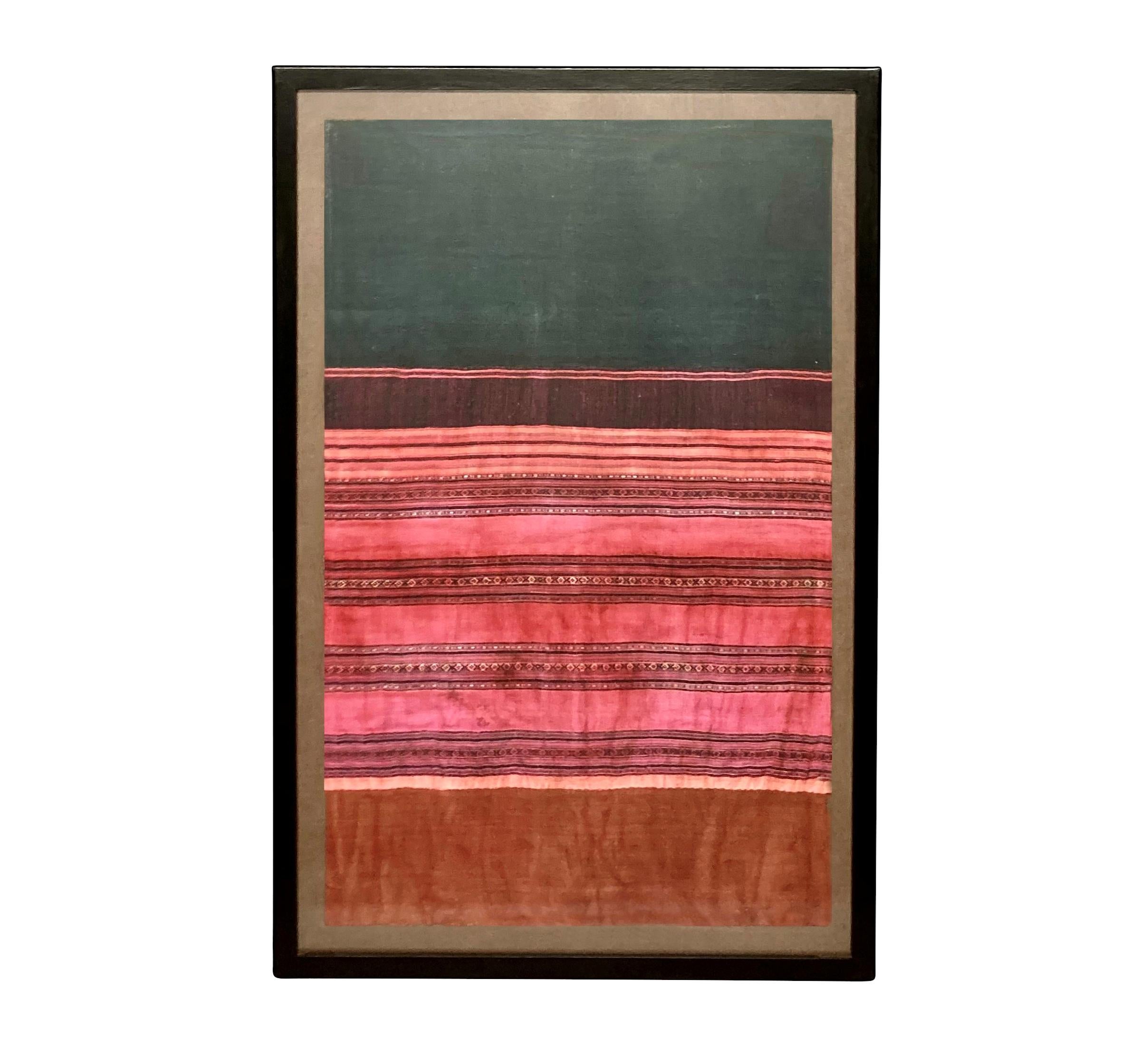 A set of three large Northern Thailand (Lanna) traditional hand-woven textiles in vibrant colours. Framed behind glass, against a raw linen background.
Measure: 119cm high & 111cm high x 74cm wide