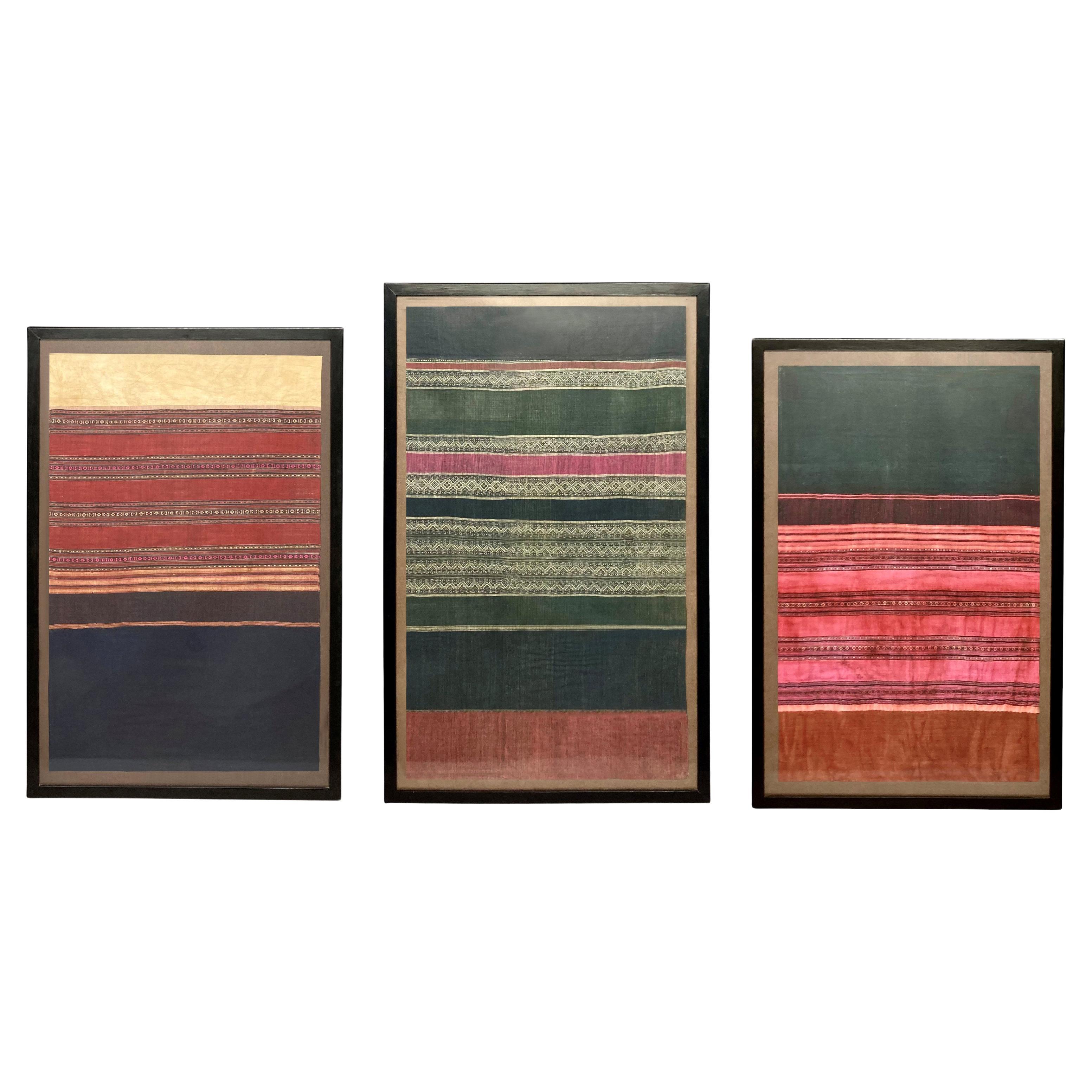 Three Large Framed Northern Thai Textiles For Sale