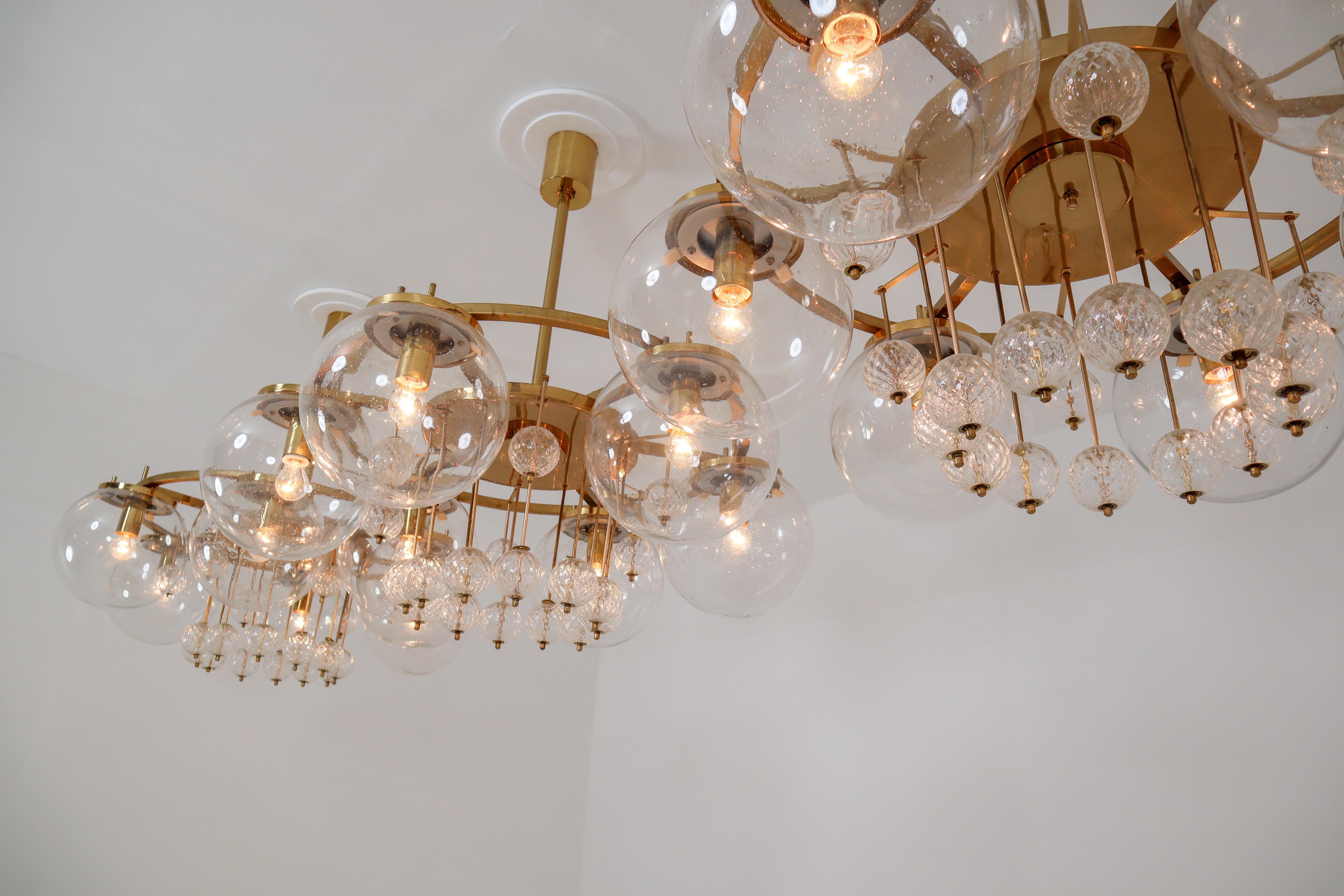 20th Century Three Large Hotel Chandeliers in Brass and Hand Blown Glass, Europe, 1970s