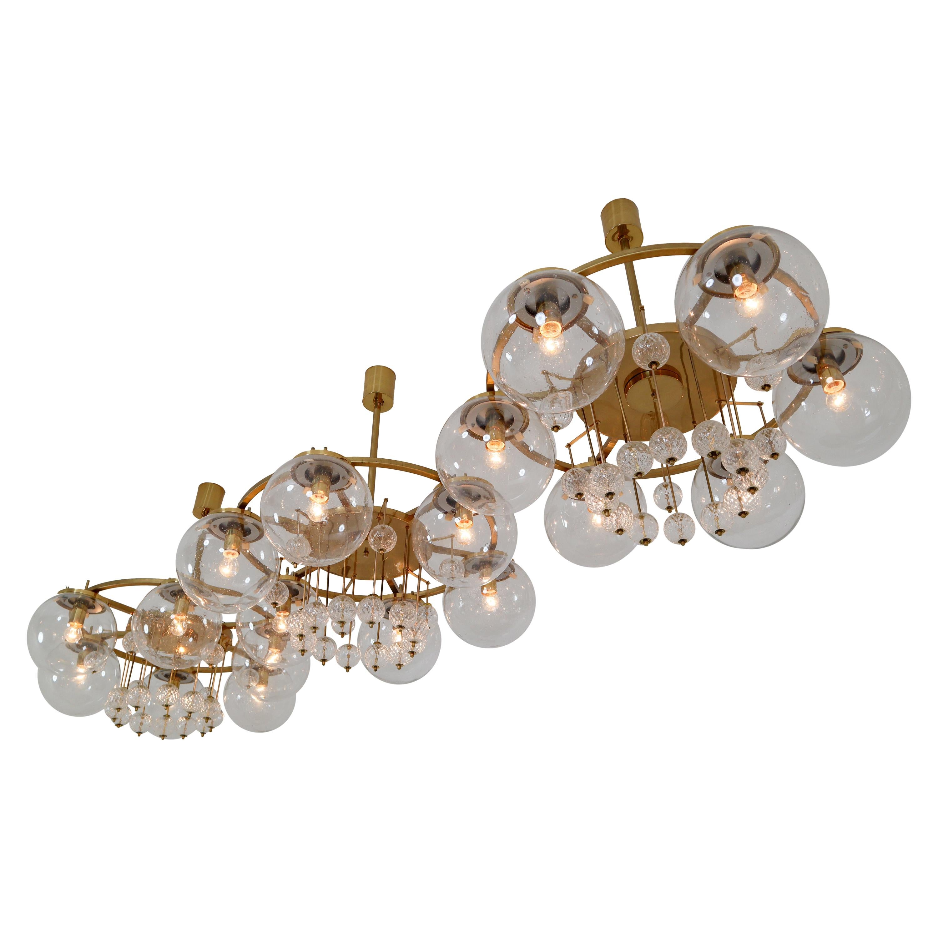 Three Large Hotel Chandeliers in Brass and Hand Blown Glass, Europe, 1970s