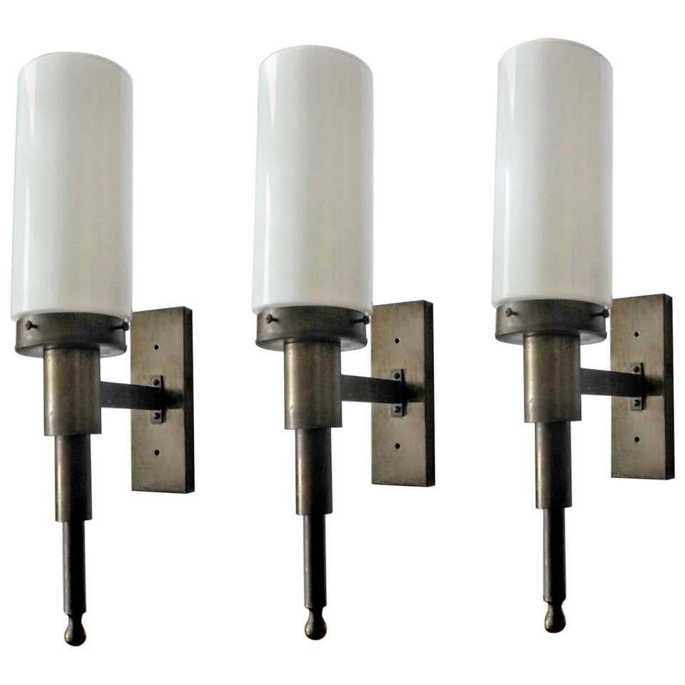 Three Large Italian Brass Opaline Glass Wall Sconces, Indoor or Outdoor Use 5