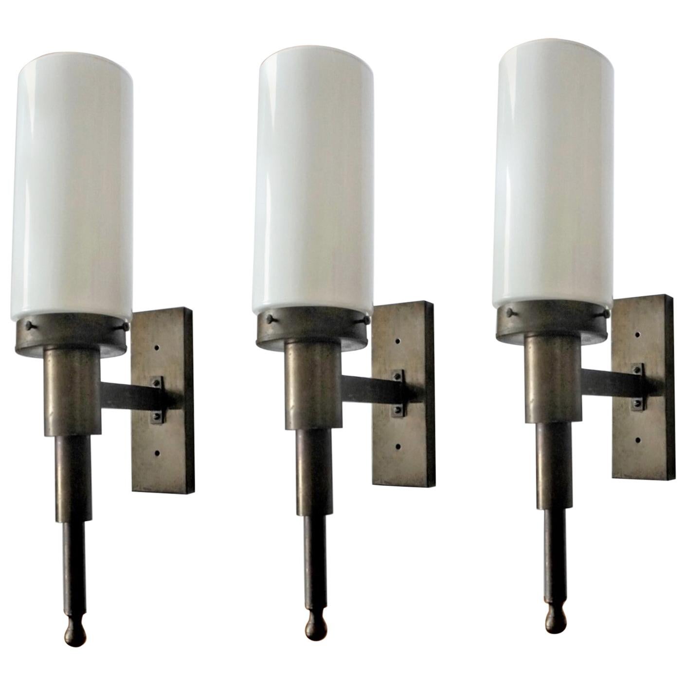 Three Large Italian Brass Opaline Glass Wall Sconces, Indoor or Outdoor Use